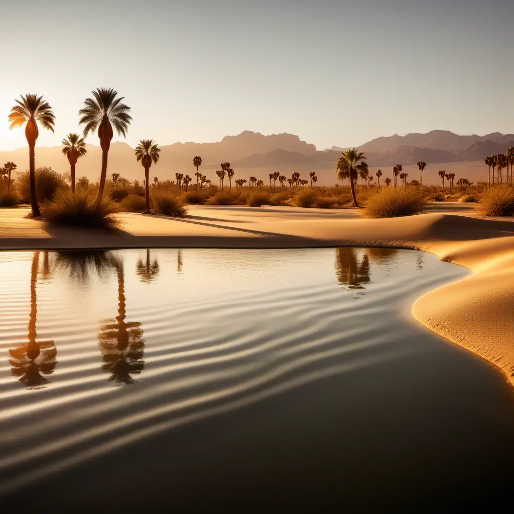 A photograph capturing the warm hues of the golden hour over a desert oasis, with palm trees casting long shadows on the rippling water, shot with Sony Alpha a9 II and Sony FE 200-600mm f/5.6-6.3 G OSS lens, natural light, hyper realistic photograph, ultra detailed