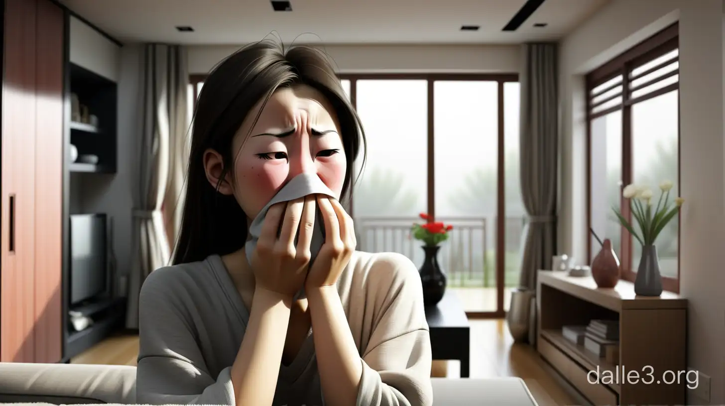 清晨，现代屋内，一个中国年轻女人皱着眉捂住鼻子