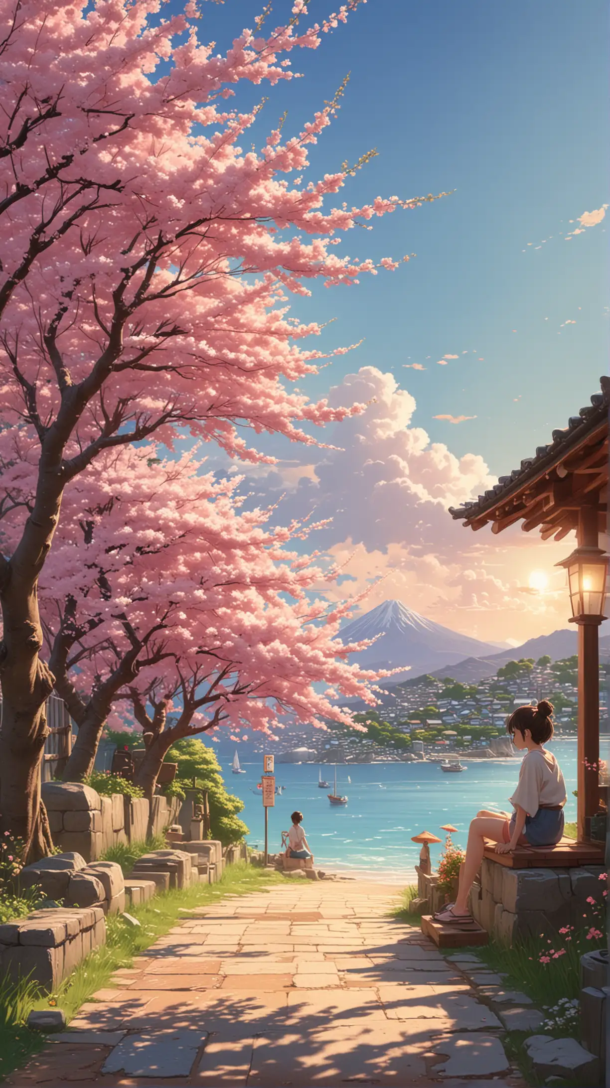 Cozy summer in japan village neighbourhood, beautiful sky, landscape, girl sitting under cherry blossom tree, sea view, 8k render, studio ghibli, makoto shinkai, codex_401 style acrylic palette colors