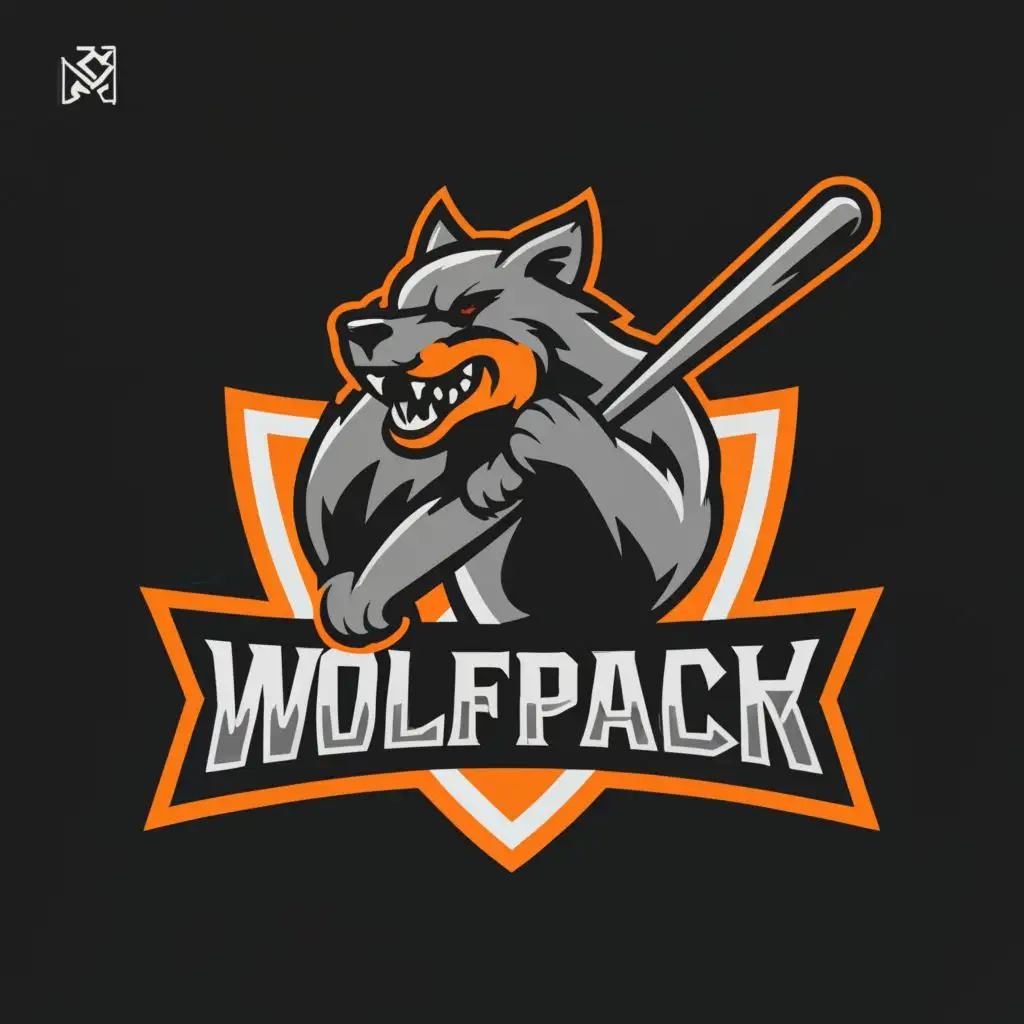 a logo design,with the text "WOLFPACK", main symbol:Black and bright orange wolf hitting a baseball with a bat,Moderate,be used in Sports Fitness industry,clear background