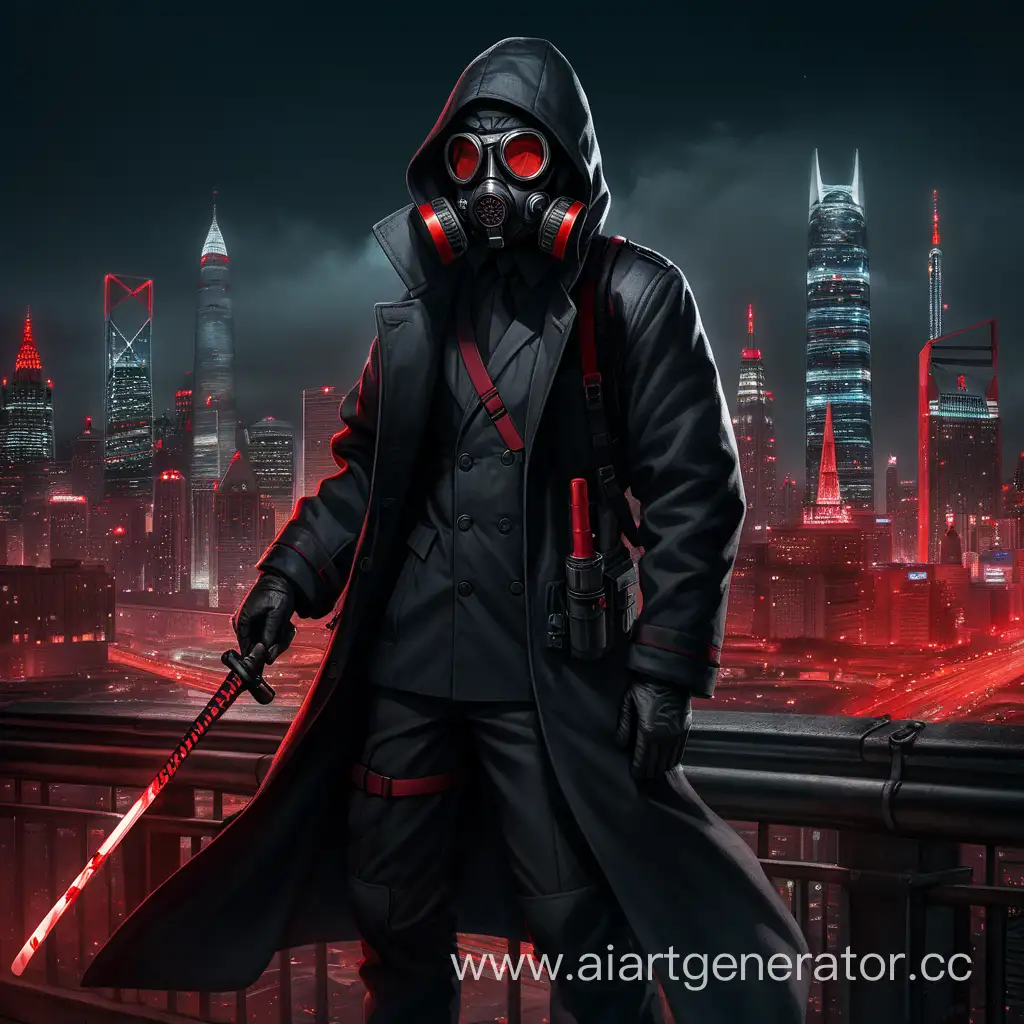 мужчина в темном пальто с красными линиями, темных брюках и противогазе с красными непроницаемыми линзами с черной катаной в правой руке на фоне ночного города
