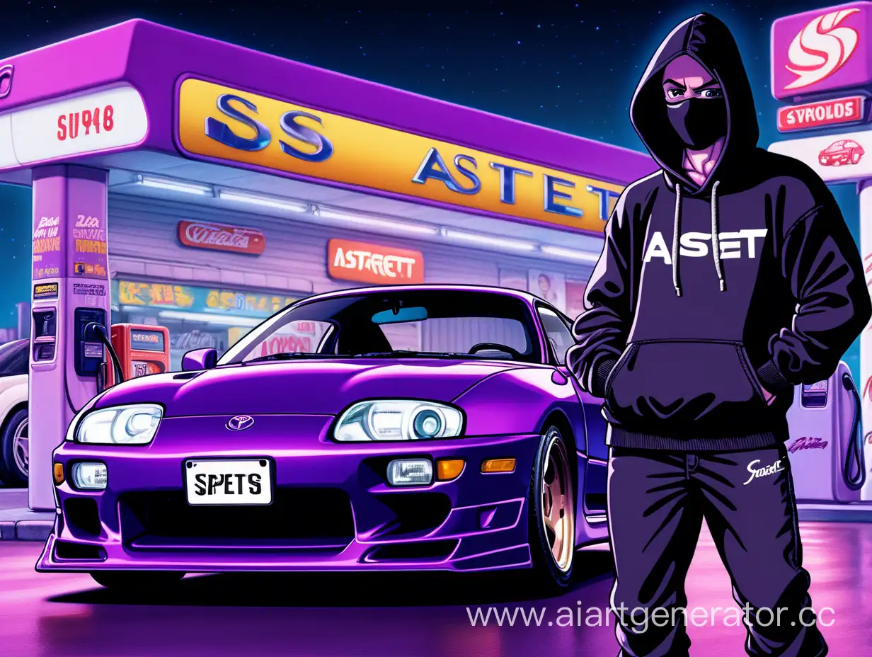 Mysterious-Figure-in-AnimeStyle-Hoodie-with-1995-Toyota-Supra-at-Neon-Gas-Station