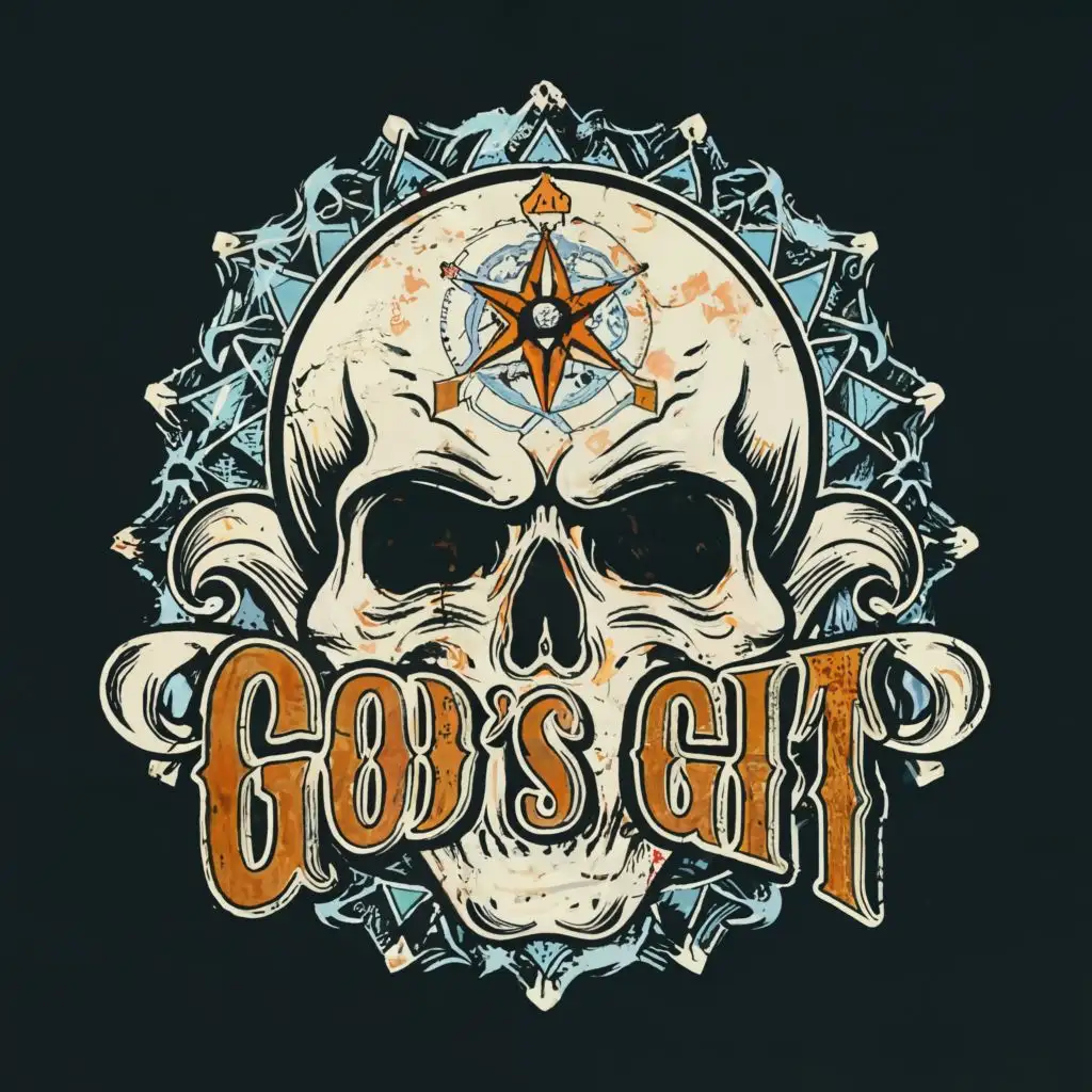 logo, skull, with the text "gods gift", typography
