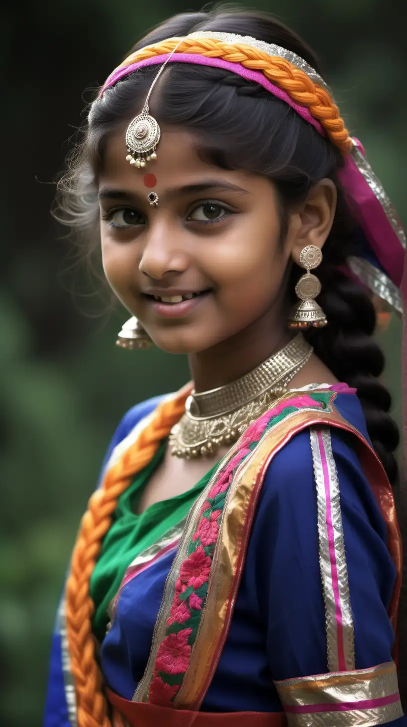 Imagine a charming girl from India in the 80s, with doe-like eyes that sparkle with innocence and curiosity. She wears colorful, traditional attire adorned with delicate embroidery, showcasing the vibrant fashion of the era. Her long, dark hair is neatly braided, adorned with colorful ribbons or flowers. A hint of shyness complements her warm smile, reflecting the cultural grace and modest charm of that time. This cute girl embodies the timeless beauty and simplicity of 80s India
Insanely detailed and spotlight 