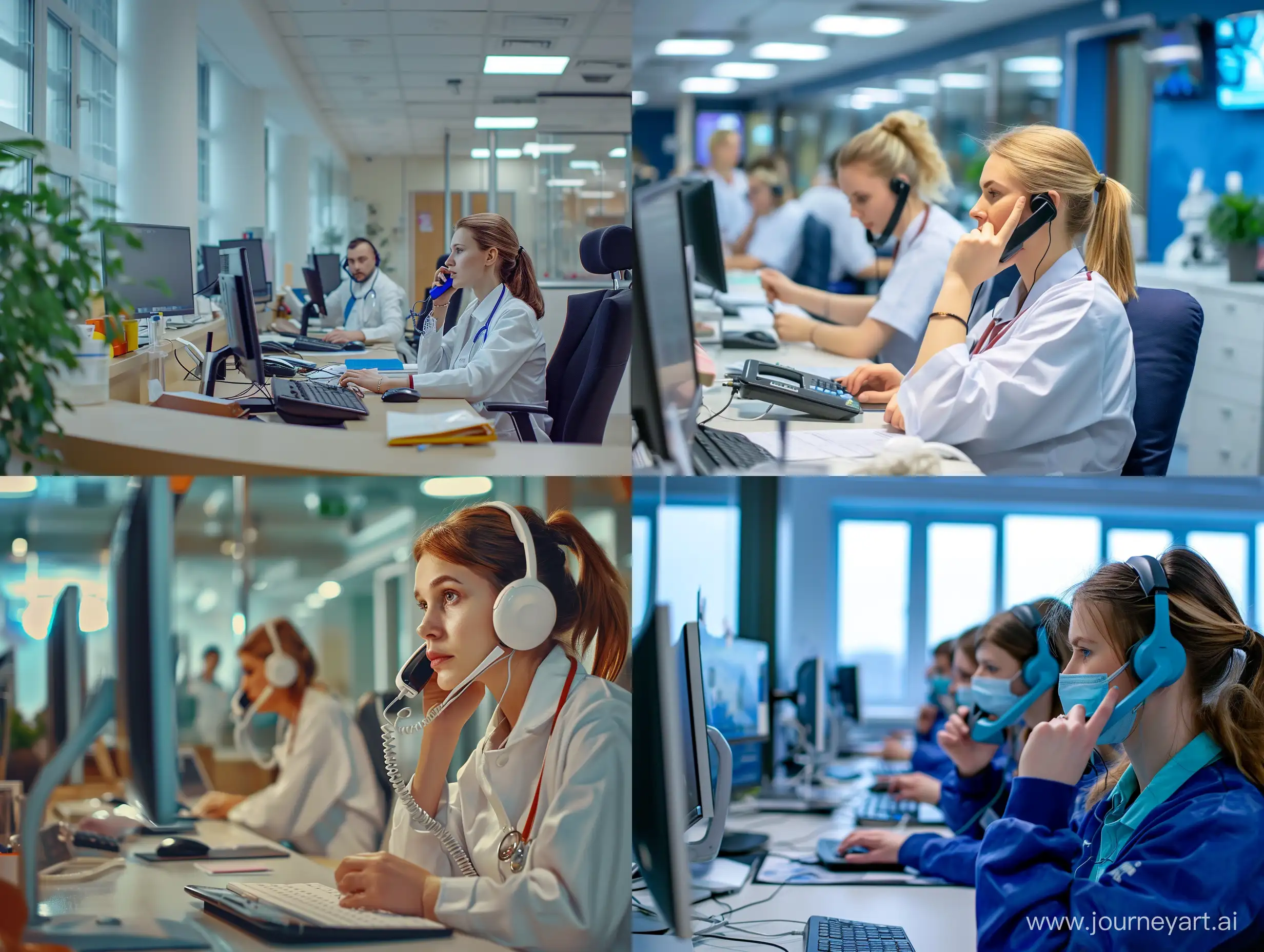 Фотография, где русскоязычные операторы медицинской телефонной справочной принимают звонки от пациентов в офисе компании, фотореализм, детали
