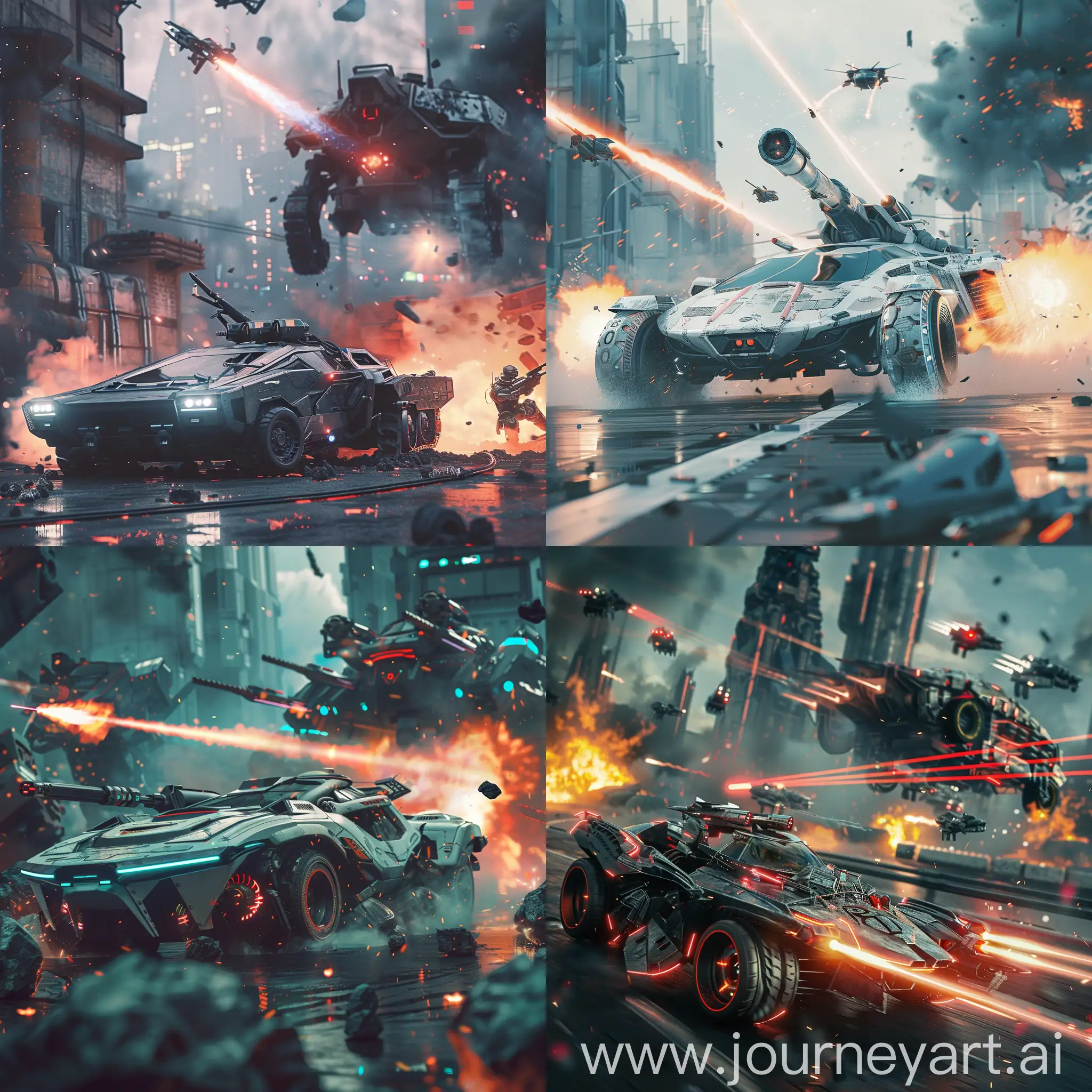a mix of futuristic mech car and tank with plasma guns, photorealistic dynamic scene, futuristic war