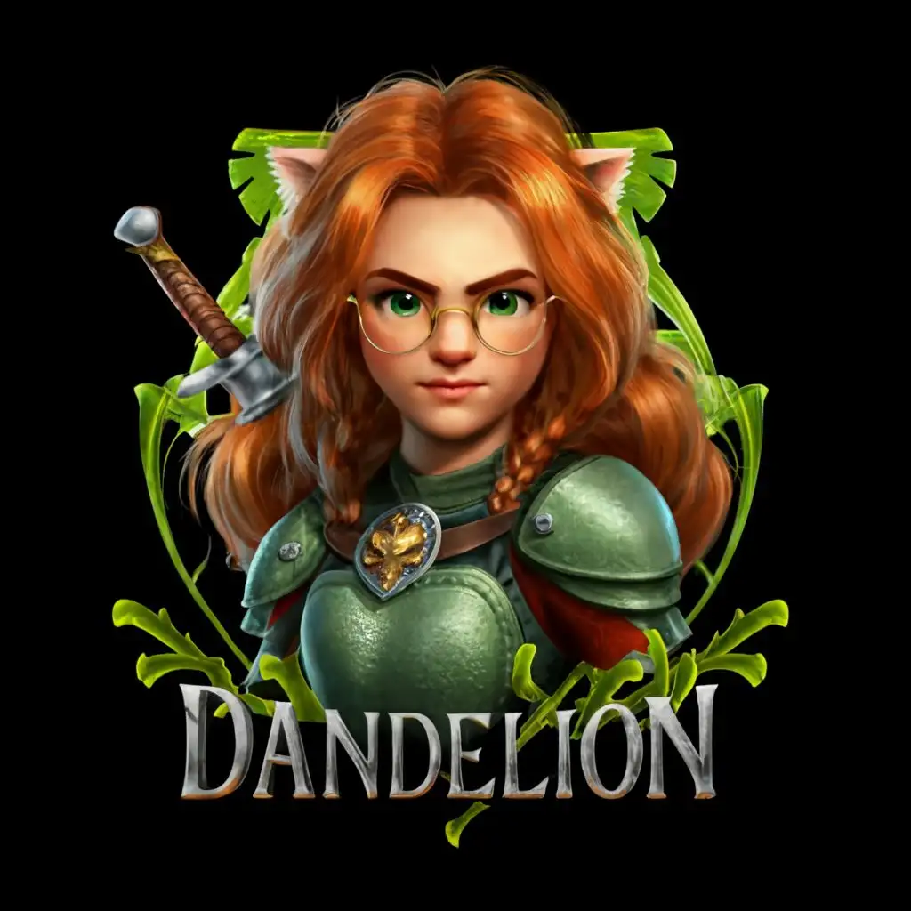 logo, a human girl. A mix of a lion. She carries a green sword for defense. She wears glasses. Brown hair. Realistic. She wears armor., with the text "Dandelion", typography