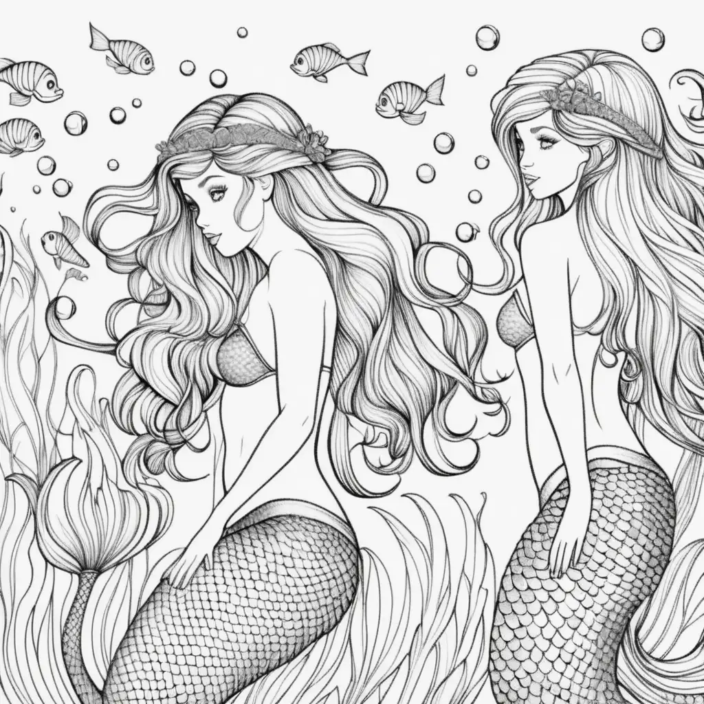 adult coloring page, mermaids, white background