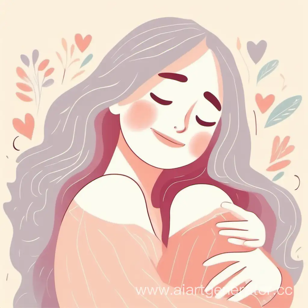 иллюстрация где девушка обнимает и любит себя и счастлива
цвета нежные и пастельные
