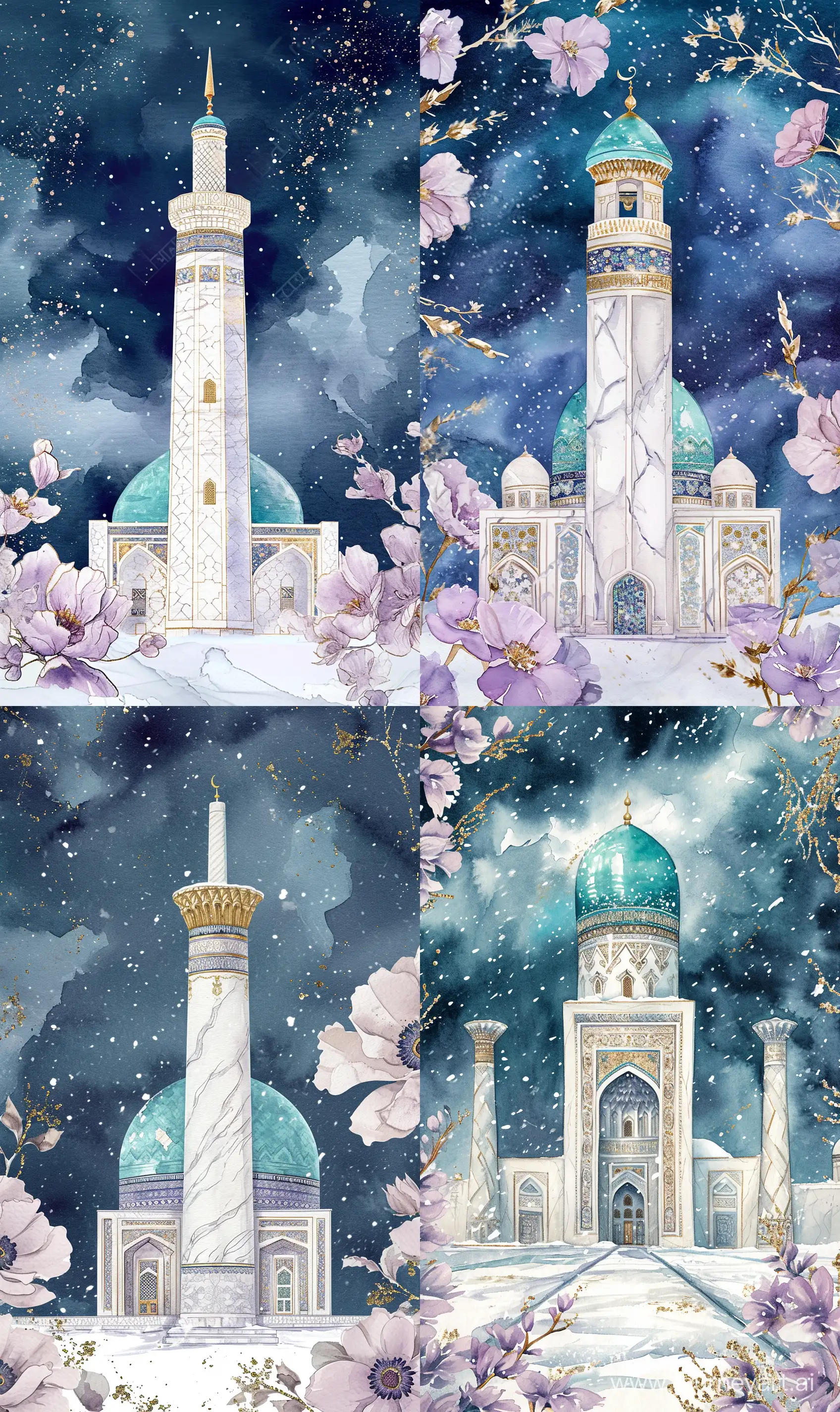 watercolor greeting card: tall narrow symmetric Uzbekistan mosque, modern white marbled, turquoise dome and shiny gold finial, persian floral tiles, front facade view, snowfall, dark blue cloudy sky surrounded by lavender pink watercolor flowers with glittering metallic gold outerlines --ar 3:5 --v 6 