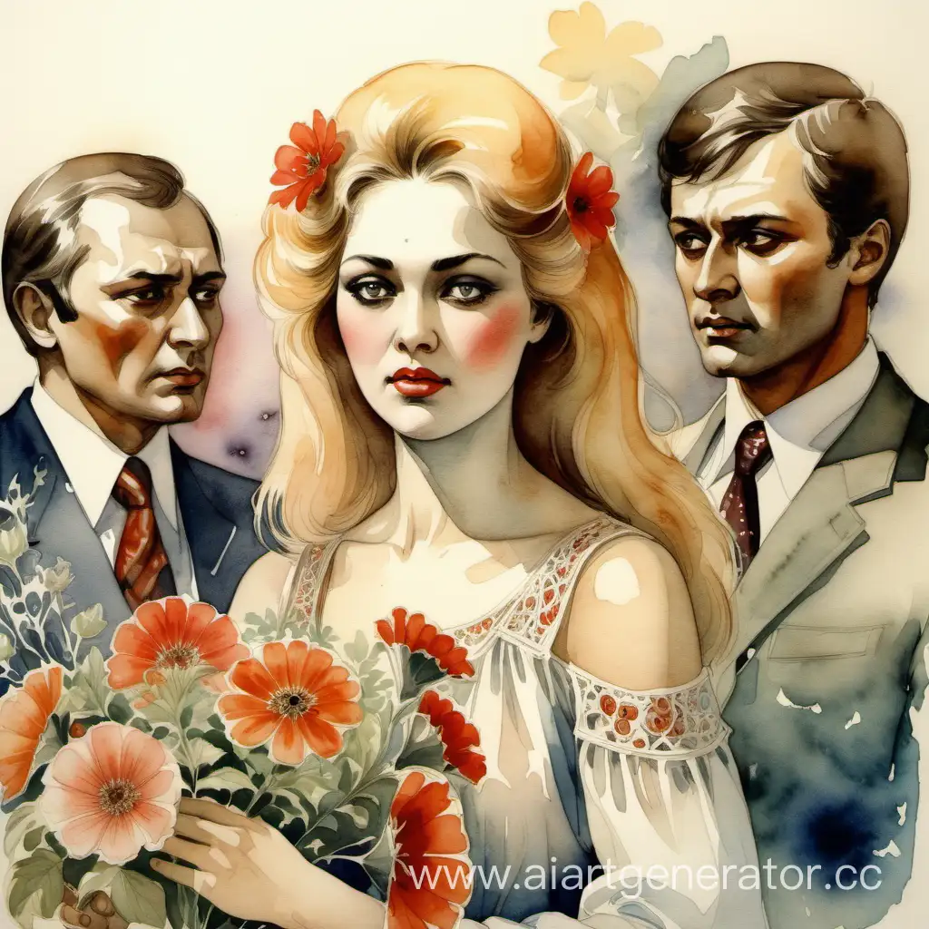 россия 70 годы 20 века, молодая красивая женщина в окружении восхищённых мужчин с цветами, измена, ревность, кокетство, обида

акварель, светлые тона, резкость, филигранно
