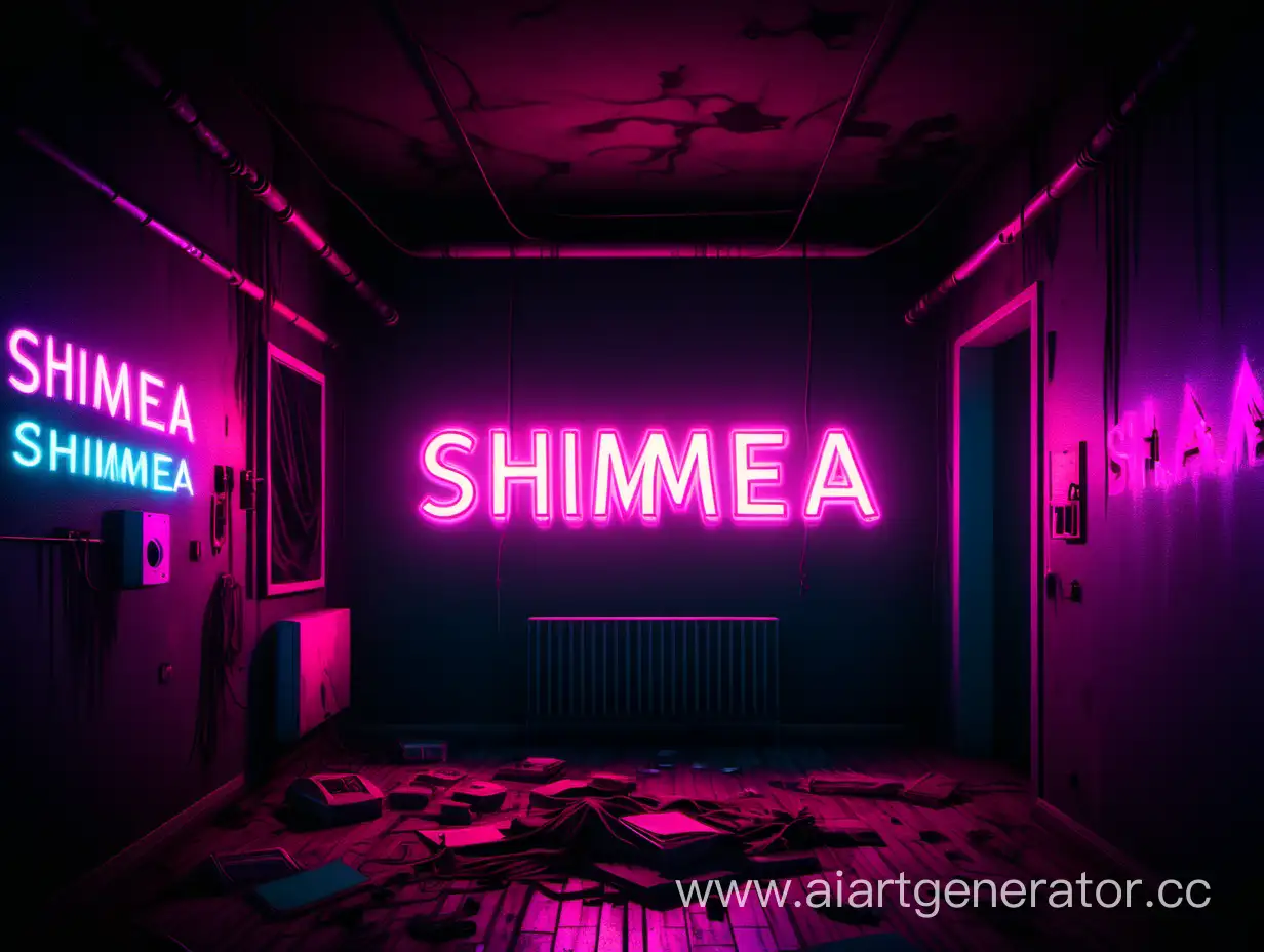 неоновая страшная  комната с текстом Shimmea на стене в стиле киберпанк
