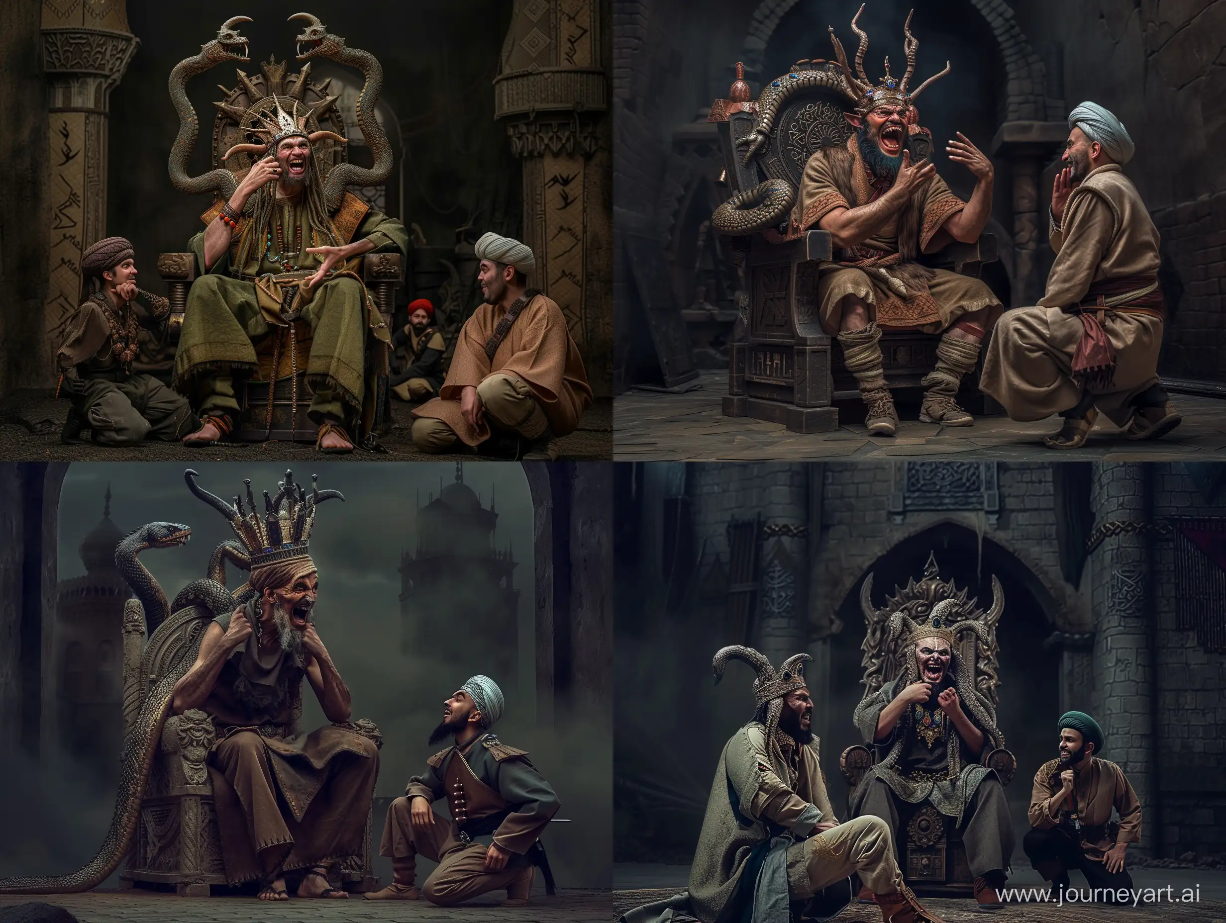 an ancient Persian demonic king with a serpent's head protruding from each shoulder sits on a king's throne with a two-horned crown and a hand under his chin, laughing menacingly, talking to two soldiers kneeling in front of his seat in a dark castle. one of his soldiers kneeling on the right side is wearing arabic clothes and the other soldier is wearing mongolian clothes. make a realistic photo with hollywood effects. cinematic, epic realism,8K, highly detailed