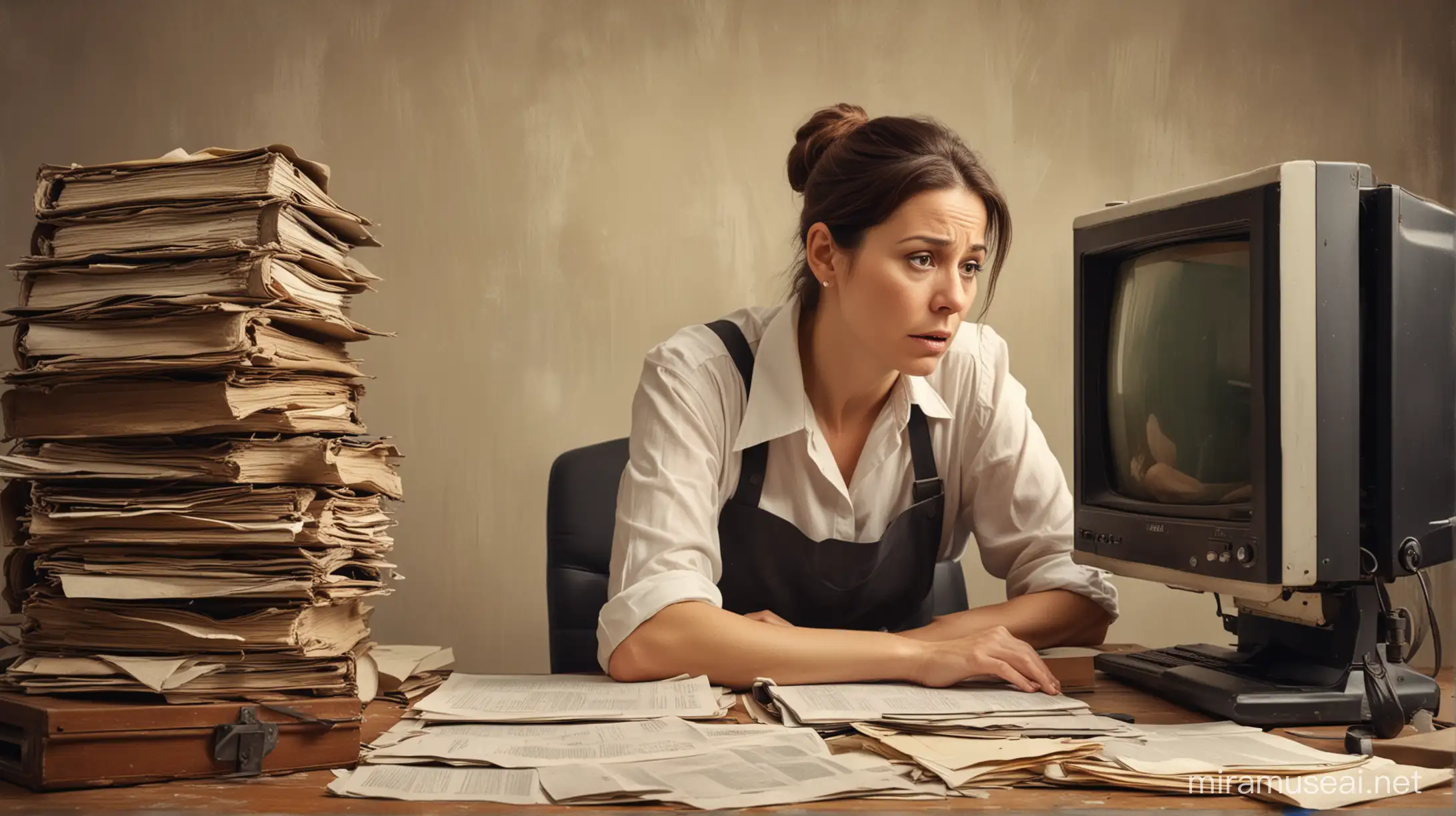 40 year old female employee looking at very old computer, frustrated, lots of documents on her desk, oil paint style