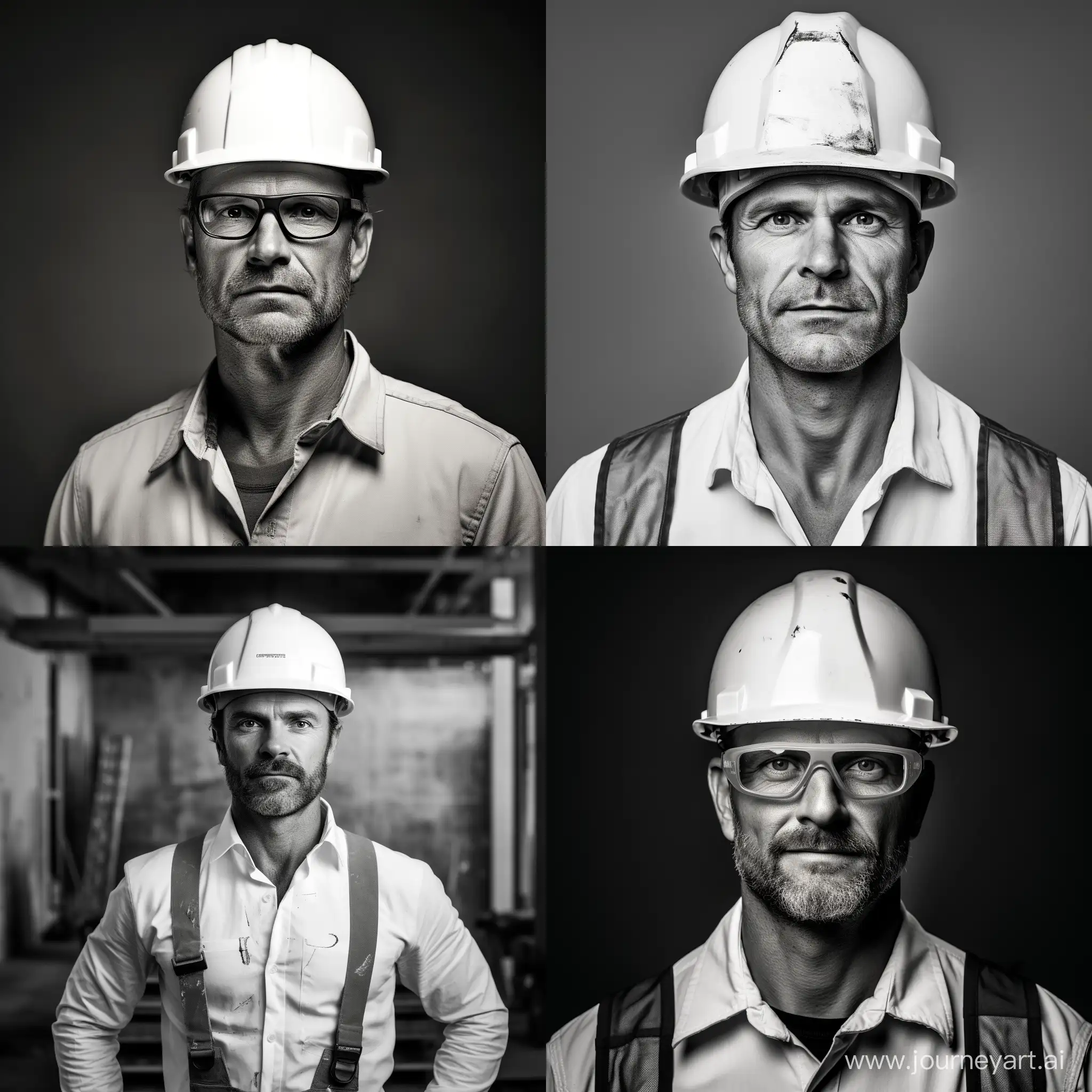 Сгенерируй черно-белую фотографию опытного инженера строителя в белой рубашке  и в белой каске. внешность должна внушать доверие опыту и профессионализму. Внешность европейца