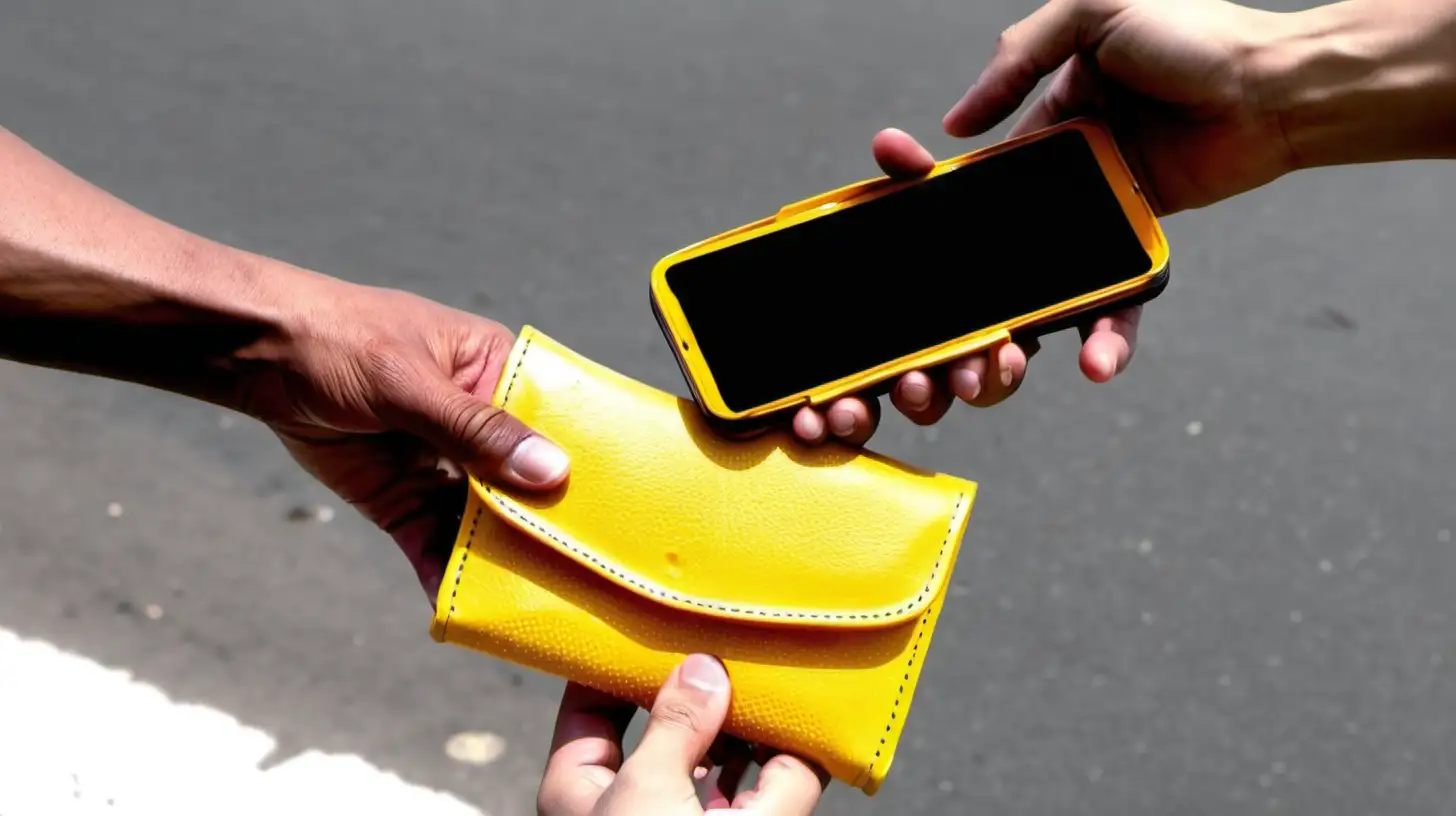 一个男人从路边买冰激凌的女人手中拿过一个黄色的钱包，男人另一只手用手机，钱包轻碰手机