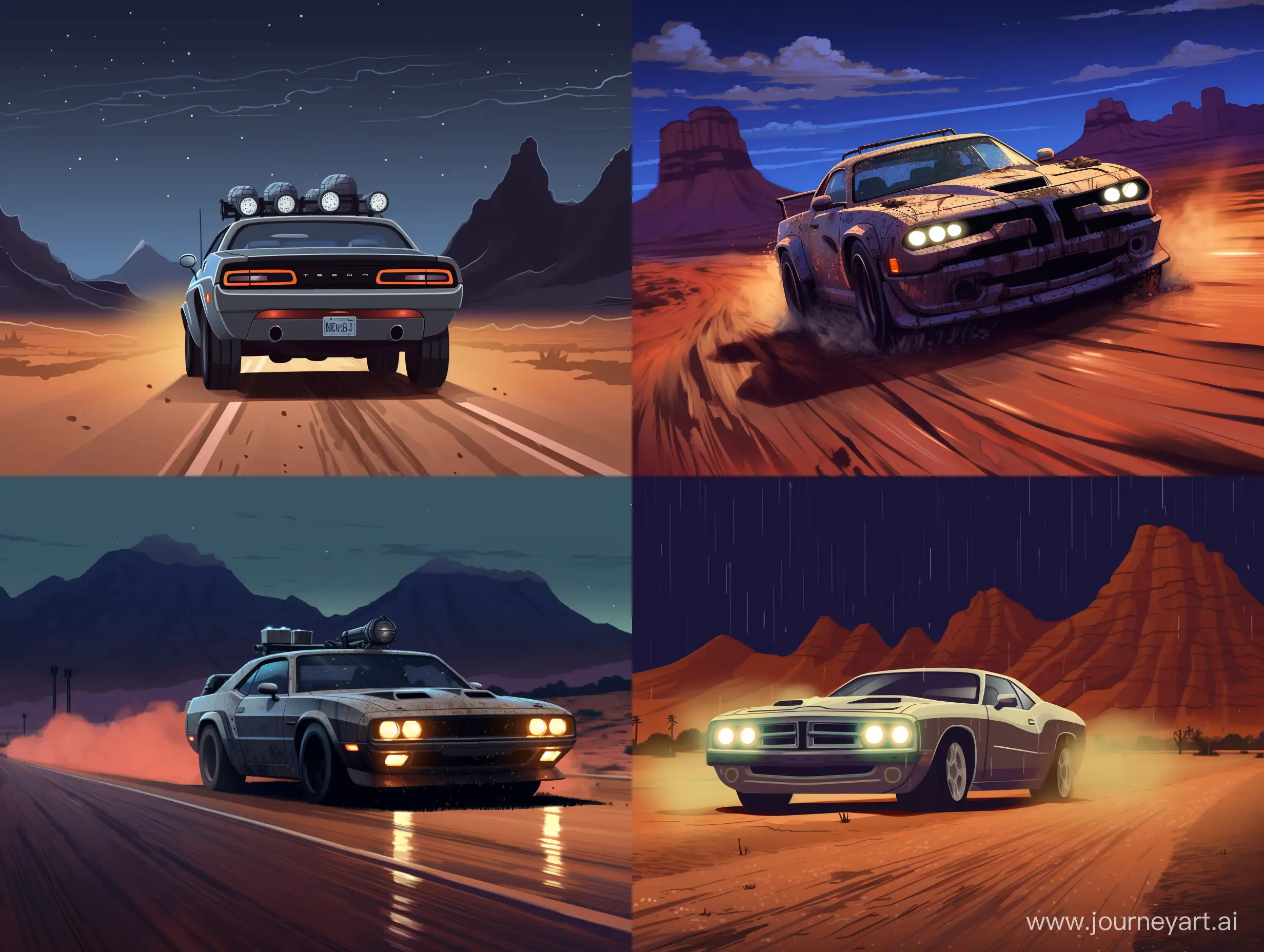 Dodge Challenger car drifting in the rain, in the style of illustration, in the form of studio by ghibli animation, with a slightly dusty background, while it is in the desert at night.