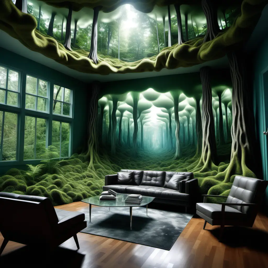 A forest in alivingroom, transparent hallucinations, surrealism, super realistic, life like, surreal, highly detailed, extremly detailed, mekting hallucinations, trippy scenery