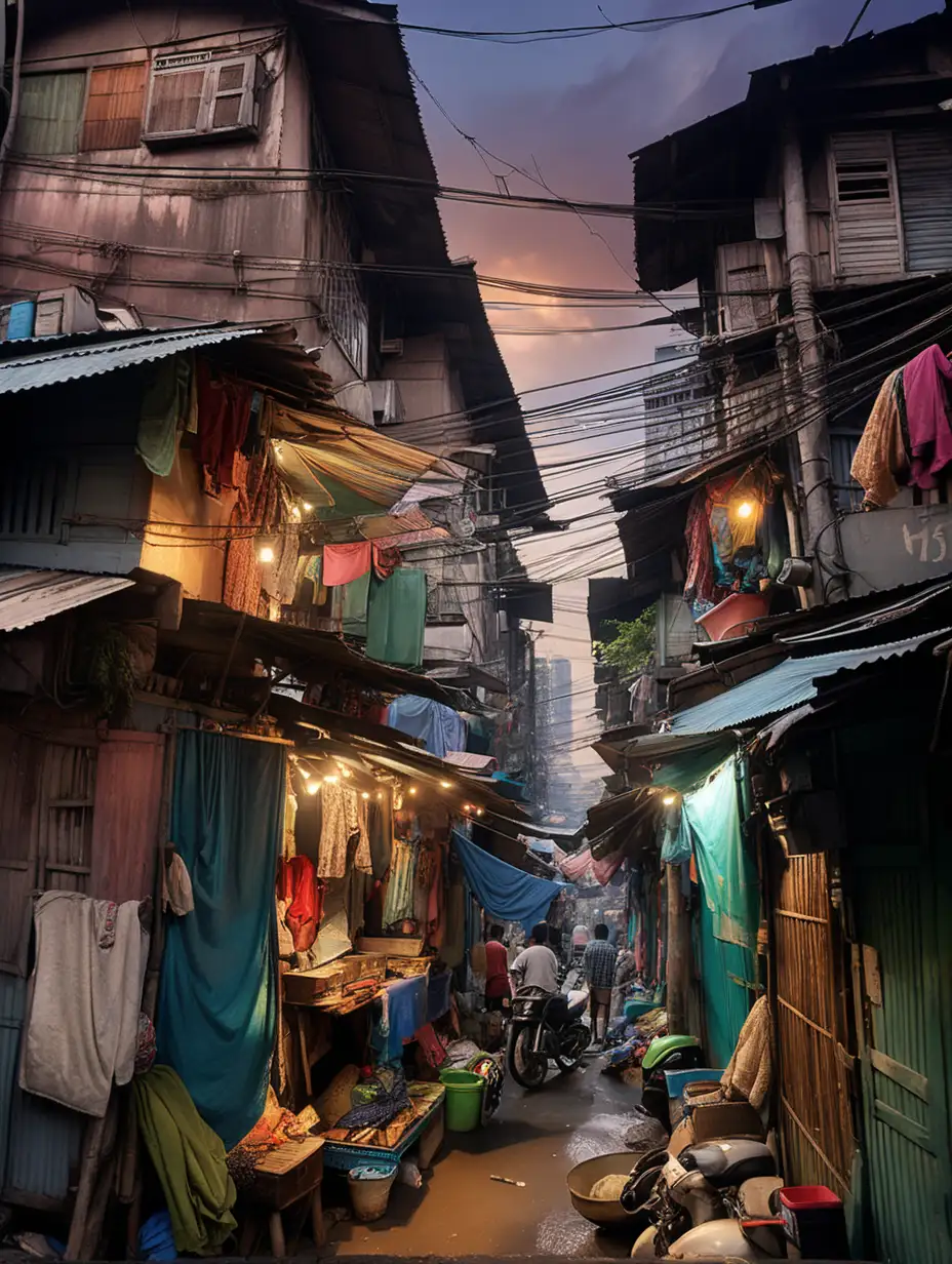 (cinematic lighting), In the bustling urban fabric of Jakarta, Indonesia, a slum squatter house emerges as a poignant testament to the complexities of city life. Narrow alleyways wind through a labyrinth of makeshift dwellings, constructed from salvaged materials. The structures, cramped yet resilient, lean against one another, forming a patchwork of humble abodes.

Colorful laundry hangs between the closely packed houses, adding a vivid contrast to the weathered facades. Wires crisscross above, creating an intricate network of makeshift connections. The scent of street food and the sounds of everyday life permeate the air, creating an atmosphere that is both vibrant and challenging.

Amidst the limited resources, the spirit of community prevails. Despite the challenging living conditions, the inhabitants find ways to bring a sense of vibrancy to their surroundings. The slum squatter house in Jakarta becomes a reflection of the resilient spirit of those who call it home, navigating life in the heart of this bustling Indonesian metropolis, picture at dusk, intricate details, hyper realistic photography --v 5, unreal engine 