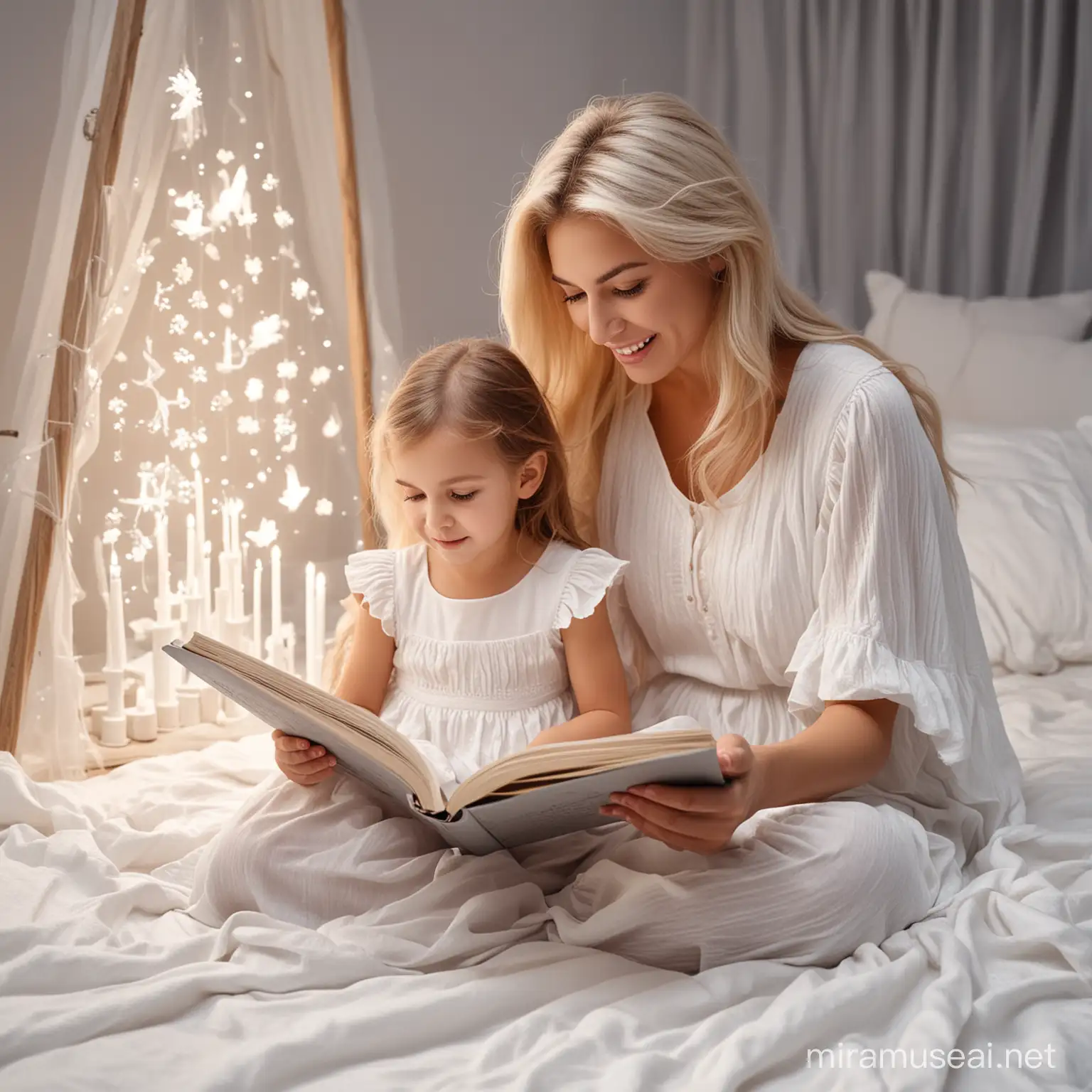 a mother is telling story by reading book  to a daughter about the 6 magical sawn. everything is in white color
