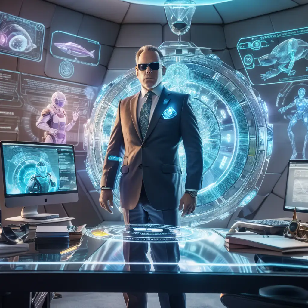 Dynamic image of Agent ChronoSmith, donned in a futuristic suit in his time-traveling office. ChronoSmith examines the Quantum Tax Code, a complex holographic document. A supervisor hologram (a small floating holographic animal) explains the staggering ₳23.7Ç∑ temporal tax evasion.