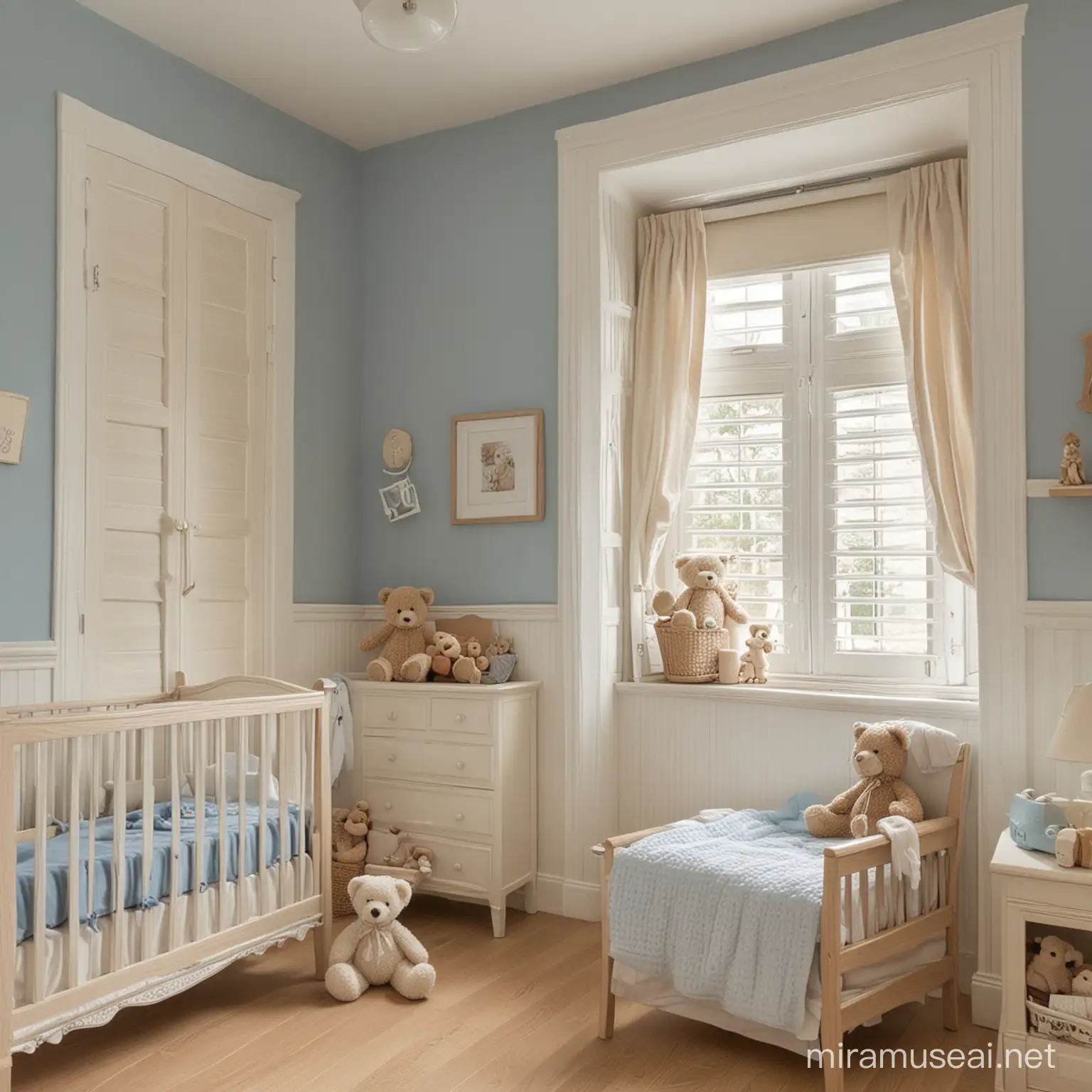 baby boy room, oak, soft, cream, teddy bear, wooden toys, shutters, blue
