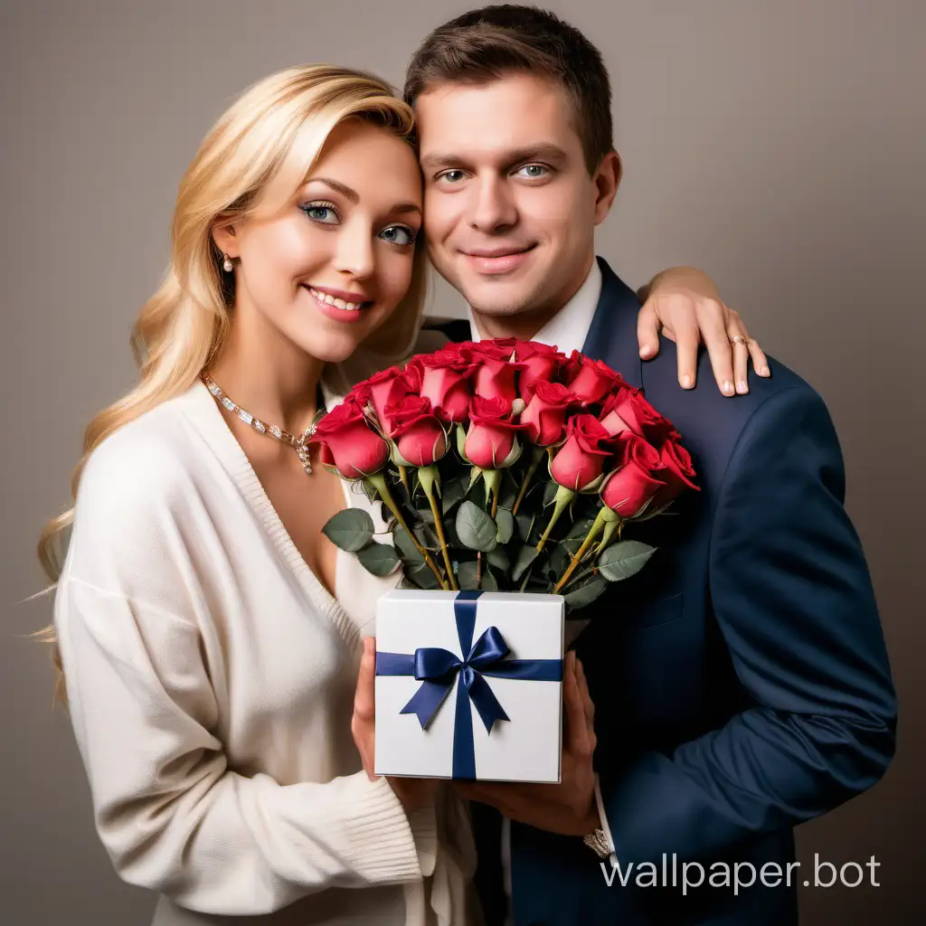 A heartwarming and romantic photo captures the moment a man hugs his love from behind. The woman is holding a bouquet of wrapped roses and a jewelry gift box. Their eyes are full of warmth and romance. Caucasian