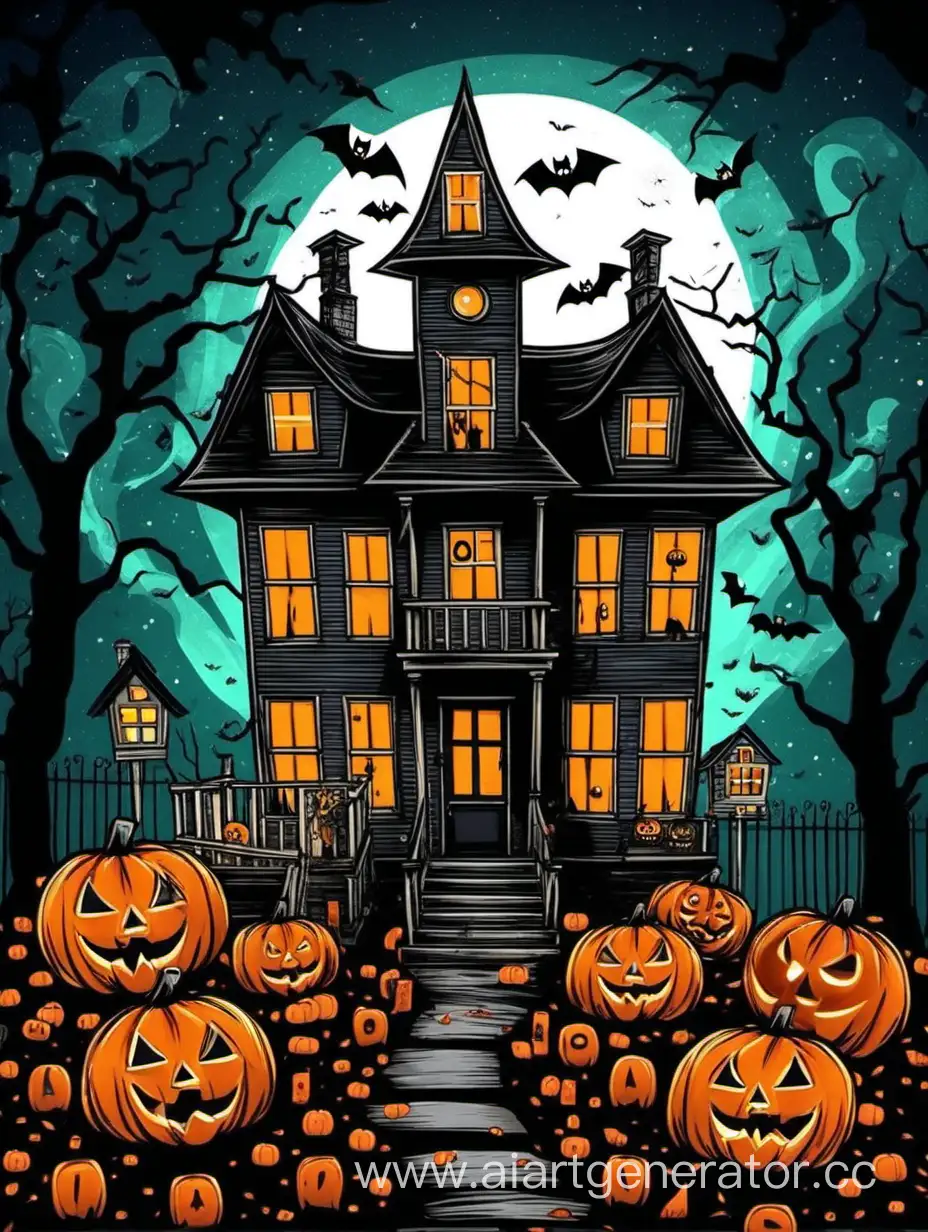 Spooky-House-Halloween-Art-Haunted-Mansion-with-Jackolanterns-and-Ghosts