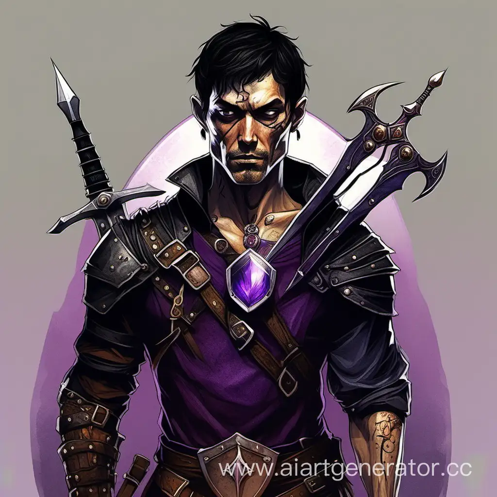 Skinny human bandit in his thirties, short black hair, several scars on his face, wearing rough leather armor, armed with two daggers and a light crossbow, silver pendant with an amethyst pendant on his chest