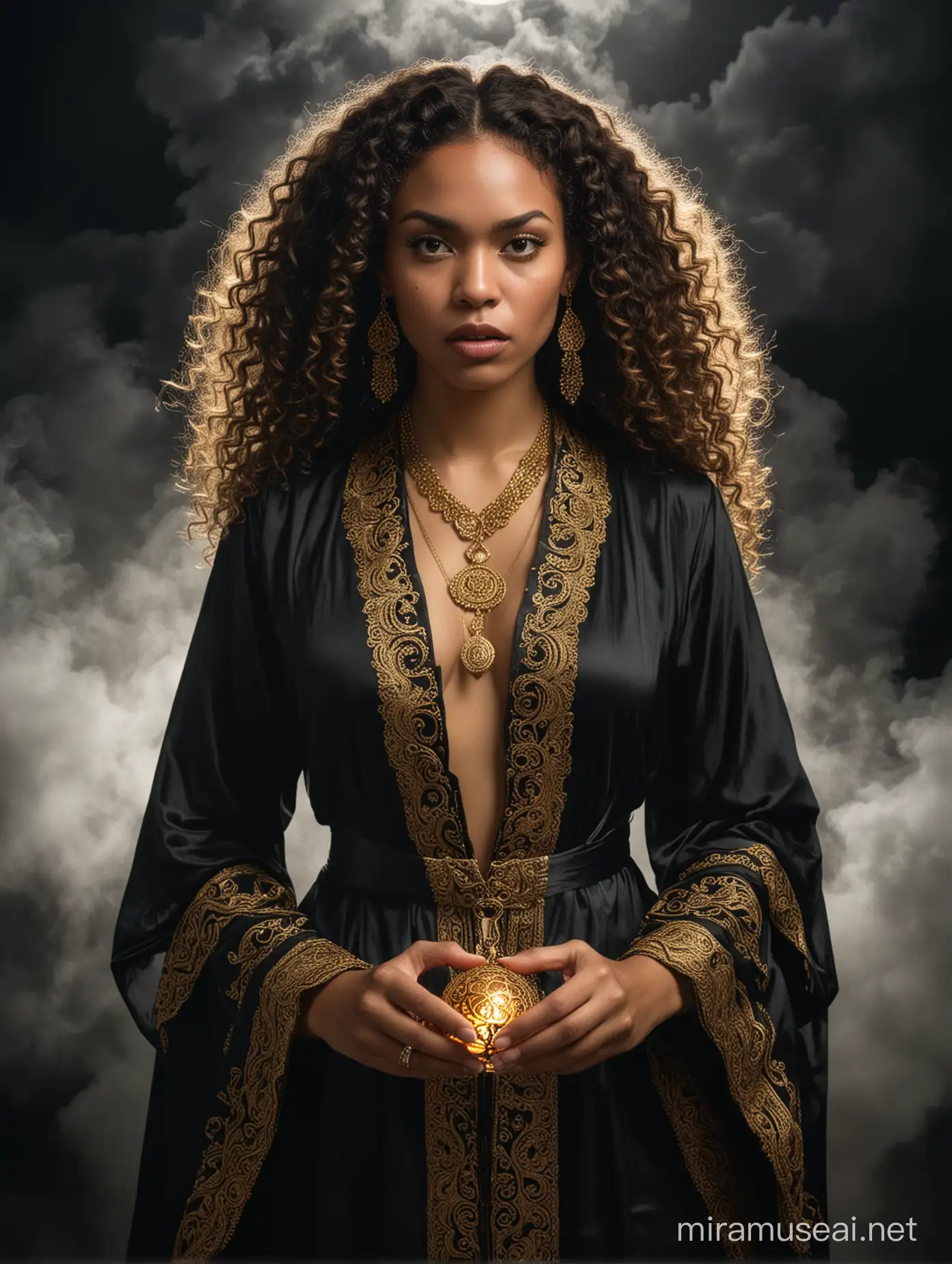 A angry light-skinned mixed race carribean woman wearing a dark robe with intricate golden embroidery and a golden necklace with a large pendant. She has an curly  hairstyle. She is holding a glowing dark  orb with black clouds in front of her with both hands. The background is dark with a hint of smoke-like fog. The woman's expression is one of concentration and power.