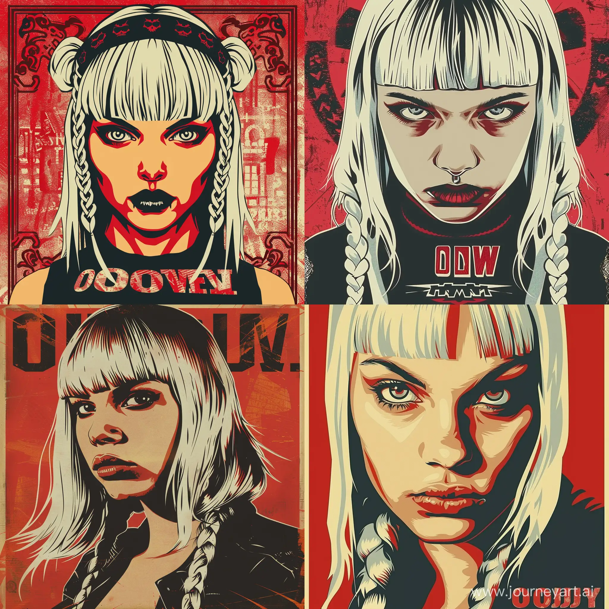 девушка punky style белые волосы челка и косички плакат в стиле Shepard Fairey надпись obey