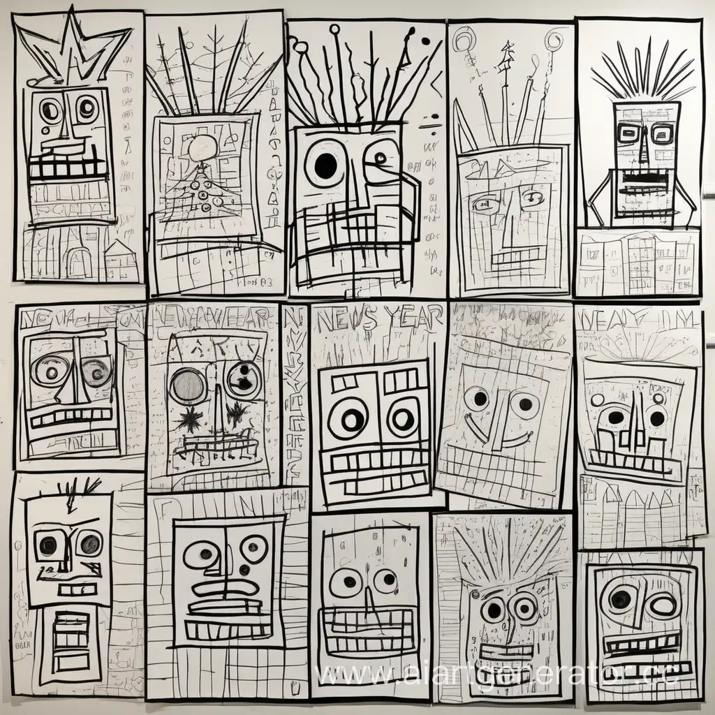 Draw a New Year's Christmas painting in the style of Jean-Michel Basquiat