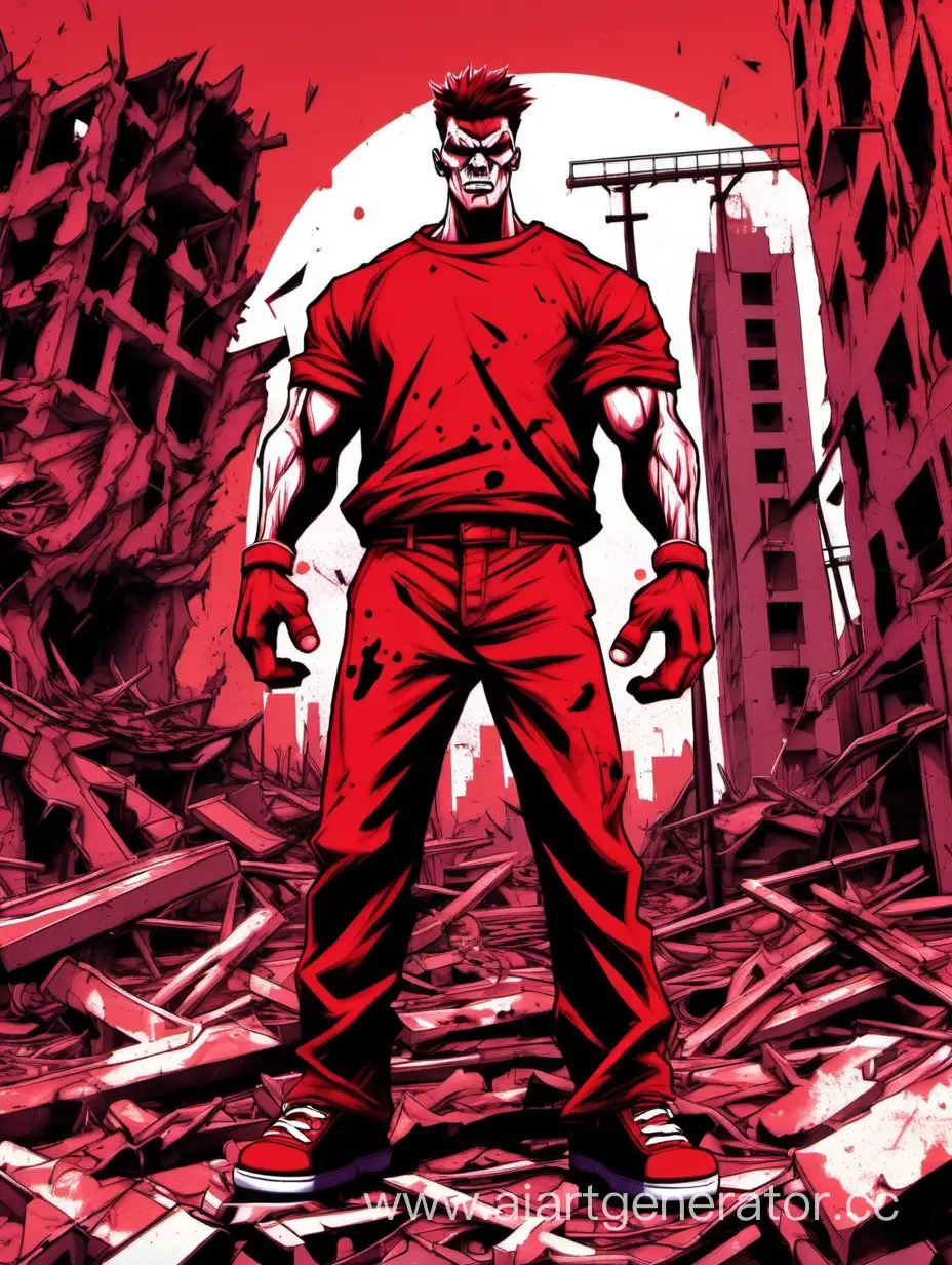 Pumped up aggressive guy character in red colors against the background of a destroyed city for phonk preview psycho