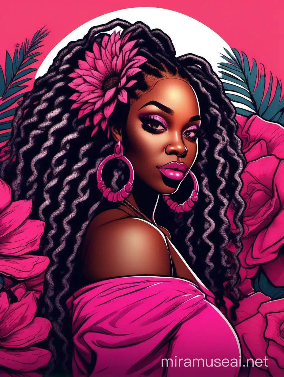 Create an vibrant cartoon art style image of a curvy black female wearing a hot pink off the shoulder blouse and she is looking down with Prominent makeup. Highly detailed long dread locs. Background of large hot pink and black flowers surrounding her
