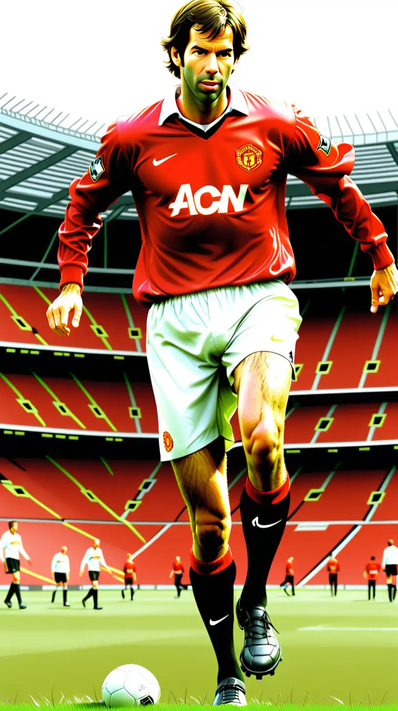 Drawing of ruud van nistelrooy



 in Manchester UTD shirt, feet stepping on the grass, stadium as background, full body





