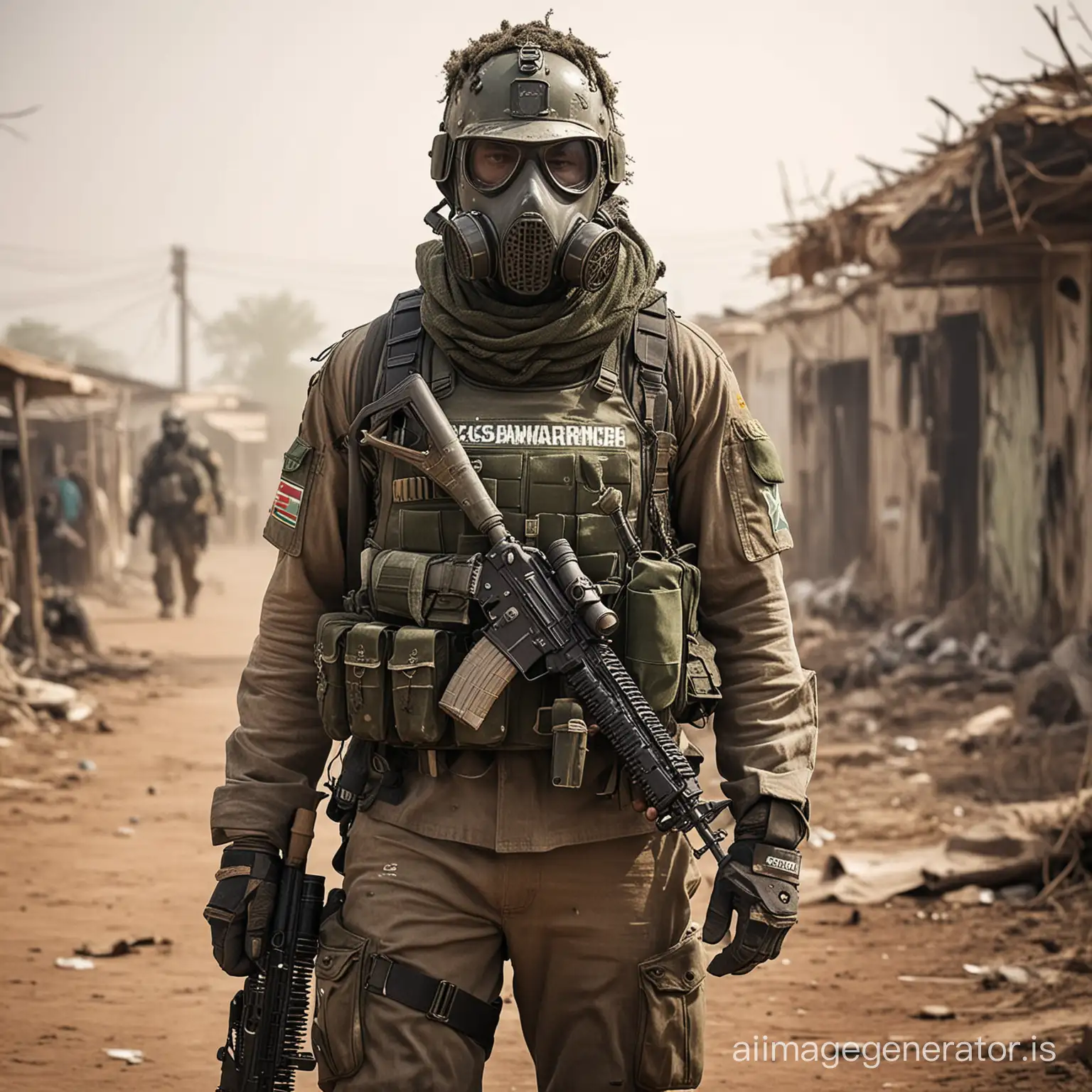 Military operator in a post-apocalyptic setting wearing modern-day body armor in the colors of the Zimbabwean national flag, helmet and a special gas mask and carrying a backpack, with a tattered ghillie suit over his clothes and carrying a rifle. He has the words 'Zimboy' painted on his chest. In a town that has toxic gas