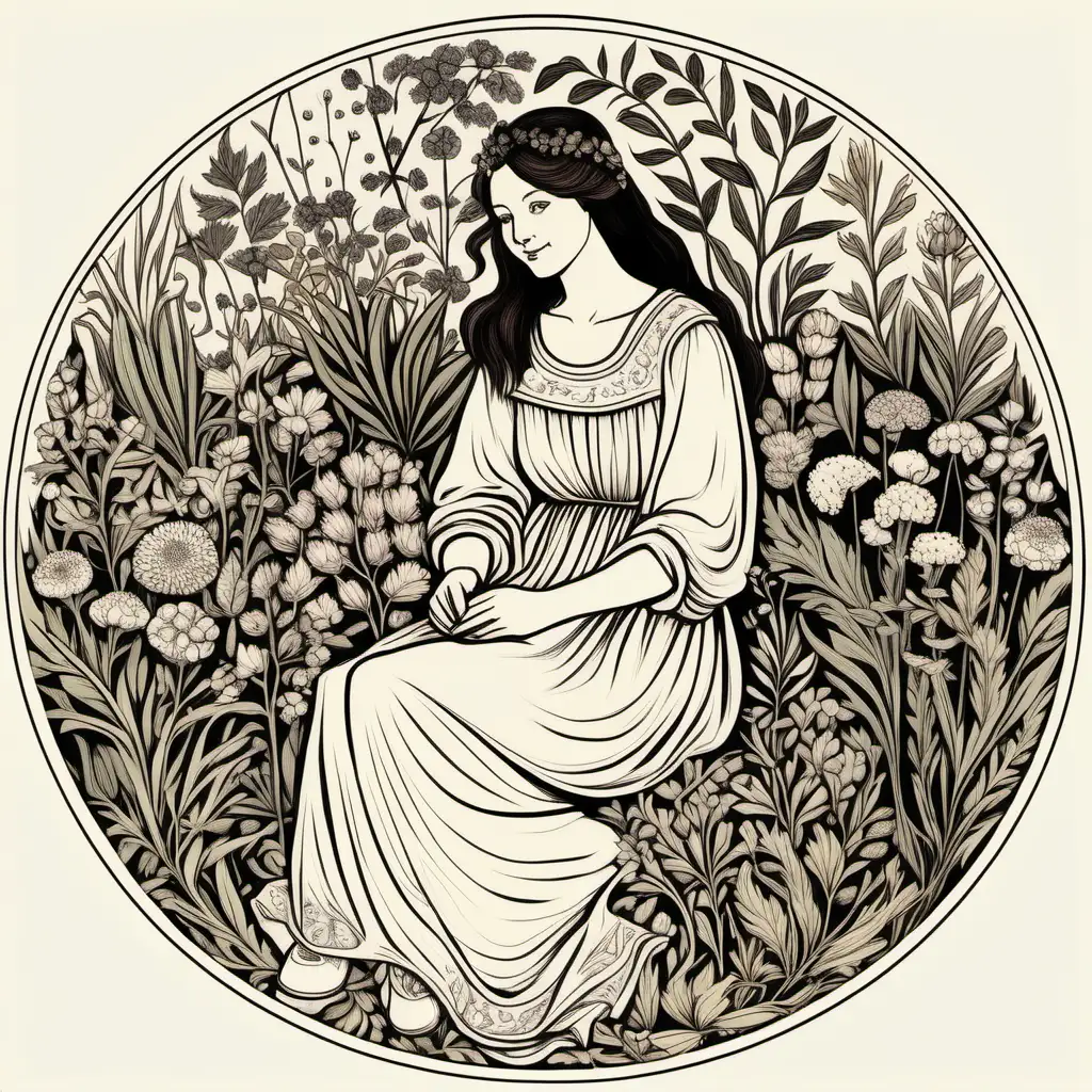 Enchanting Botanical Circle Girl in William Morris Style Dress with Floral Surroundings