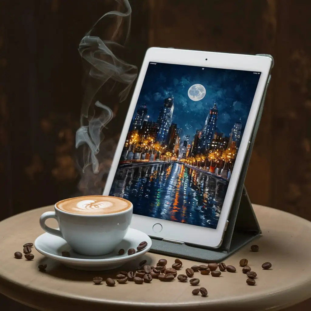 Generate an eye catching image of an iPad  propped up on a table with a single cappuccino cup beside it and scattered coffee beans.