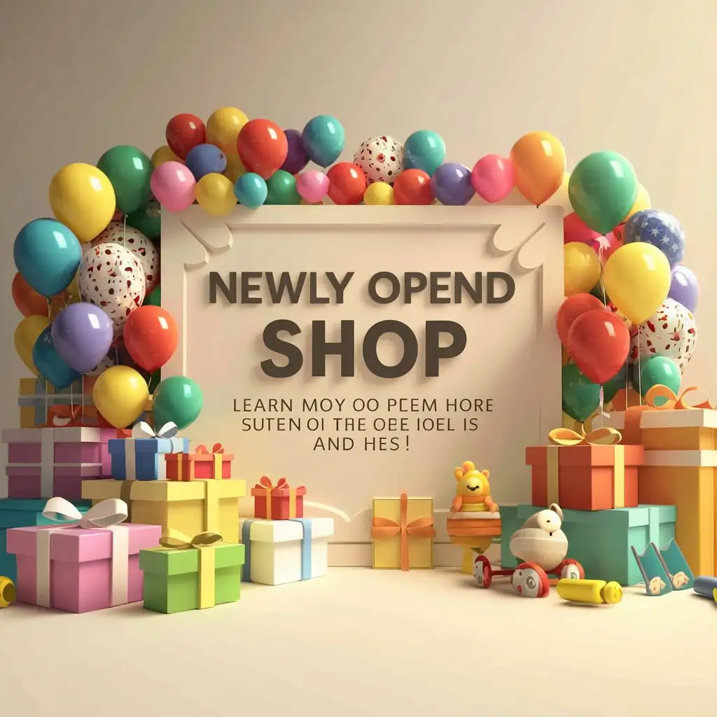  new shop oppening, 3d baloons, gifts, a little bit of books, toys. in the middle space for text 