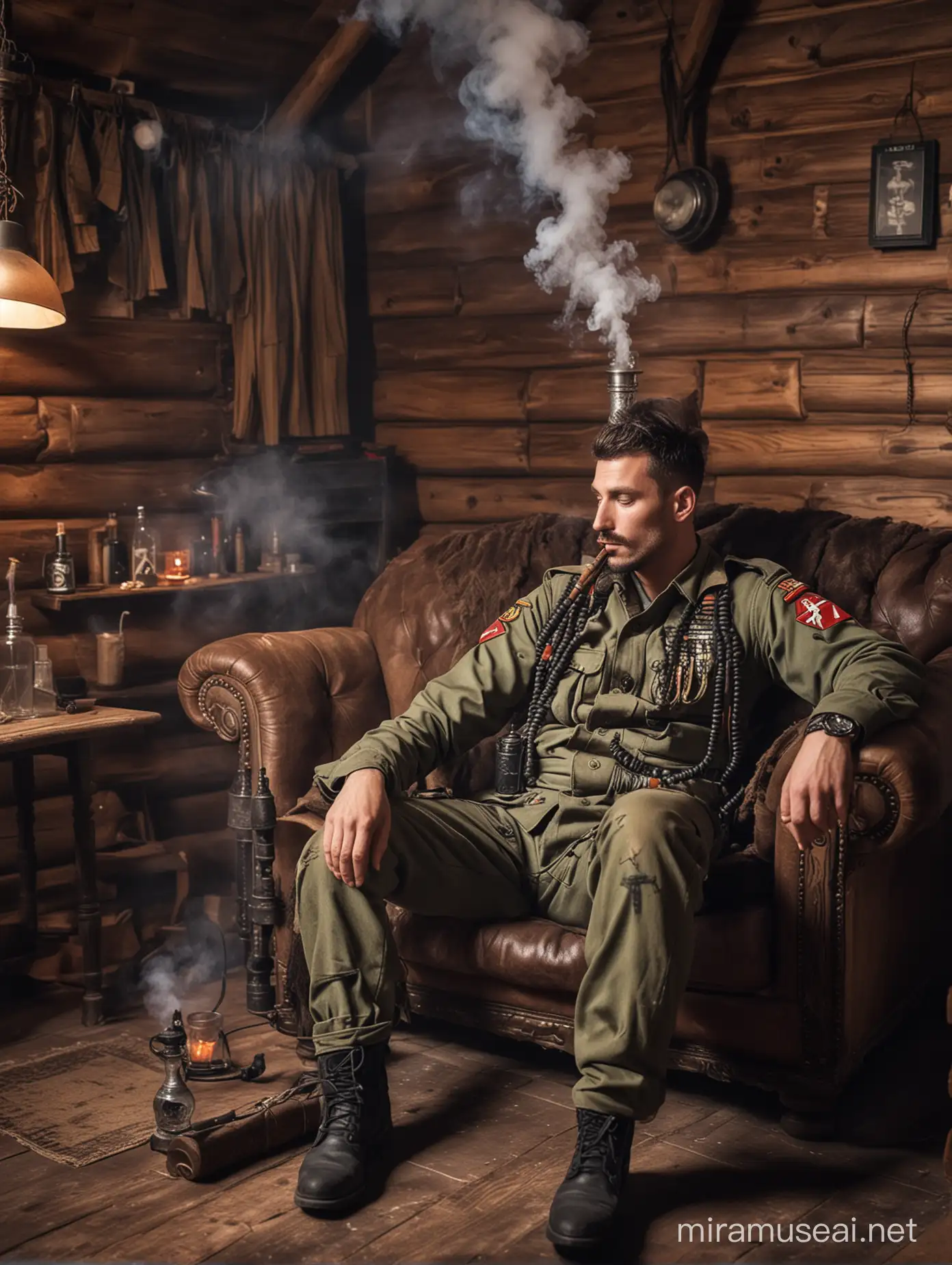 Very relaxed man in a wearing a tattered army uniform leaning back on a comfy sofa in a smoky, dimly lit log cabin smoking a hookah