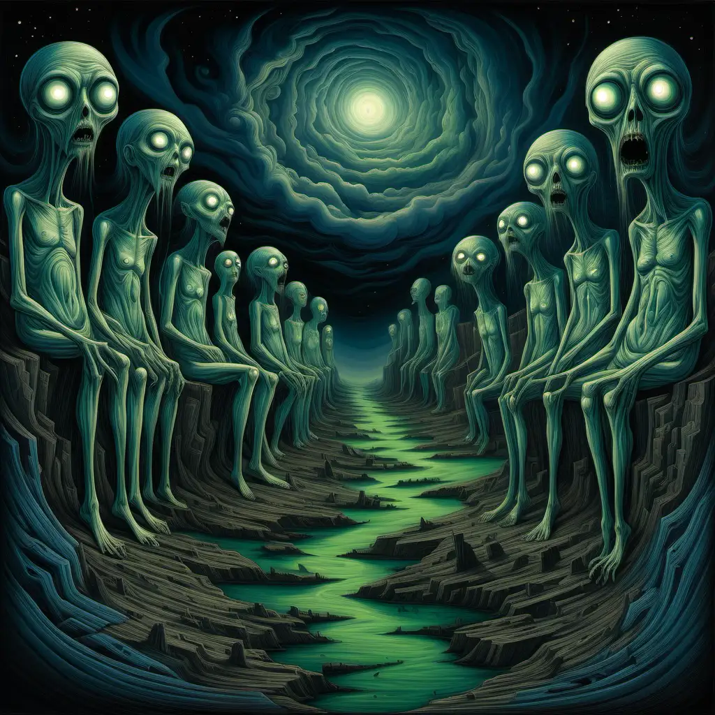 In a bizarre celestial realm distorted by macabre forces, a desolate cartoon landscape emerges. The image, a hauntingly captivating painting, brings to life a twisted universe of monstrous celestial beings. The sky, once a vibrant blue, has transformed into a sickly green hue, casting an eerie glow over the land. As the viewer's gaze moves downwards, they encounter deformed and grotesque creatures with elongated limbs and bulging eyes, their distorted forms blending seamlessly into the distorted landscape. This high-quality piece of art showcases the artist's mastery in capturing the unsettling beauty of this macabre celestial reality.