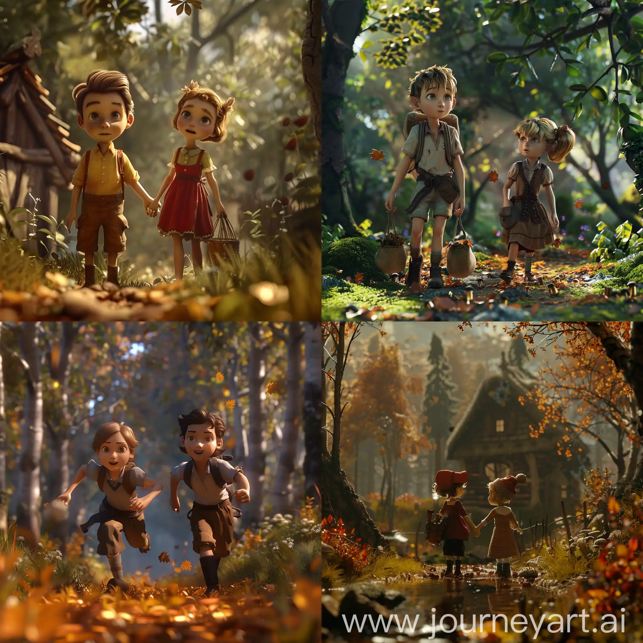 Hansel and gretta are walking in the woods and throwing bread crumbs :: 3D animation 