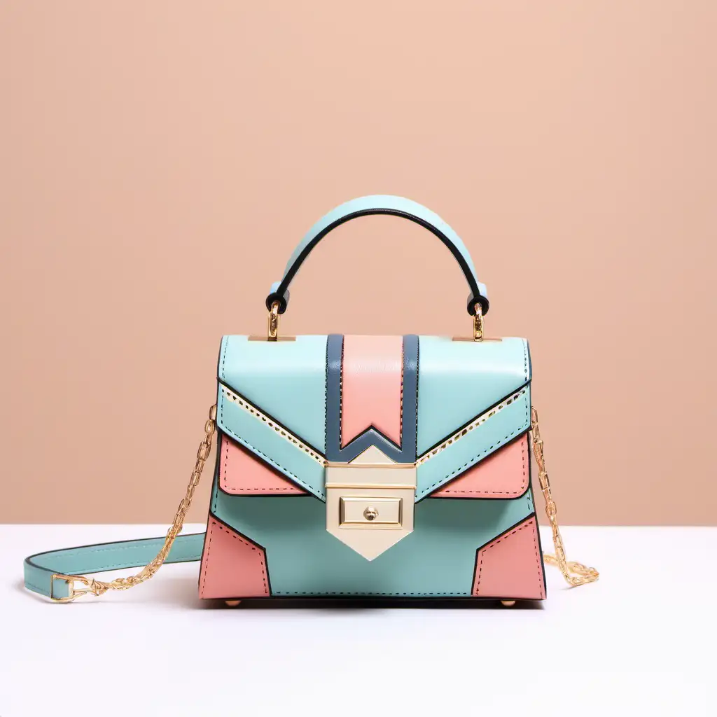 Mini luxury leather bag - embroidered inserts color contrast with geometric design- pastel colors