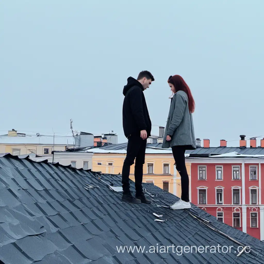 A guy and a girl are standing on a roof in St. Petersburg. The girl was half gone.