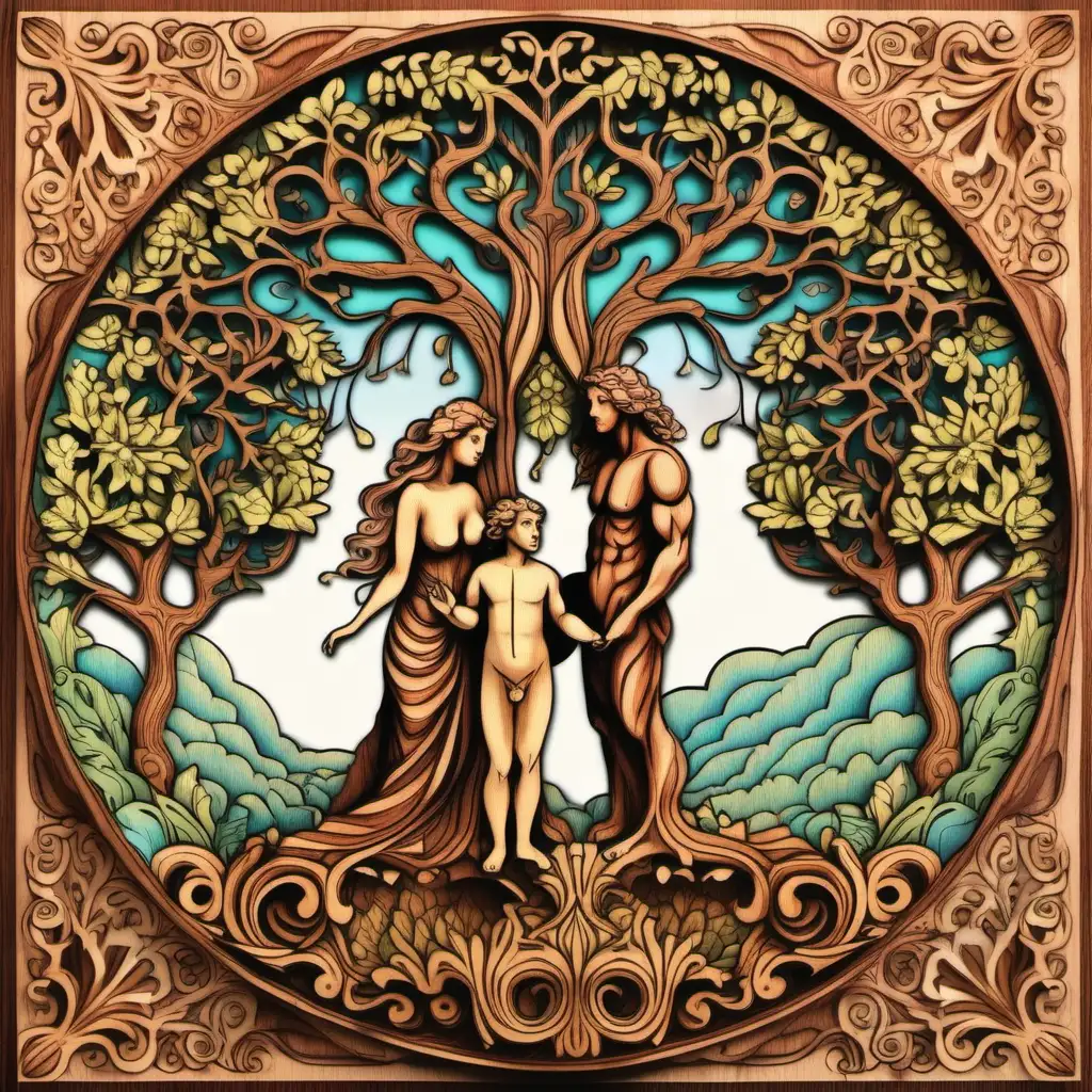 Elegant Adam and Eve with Cherubs by Majestic Tree Symmetrical Multilayered Art