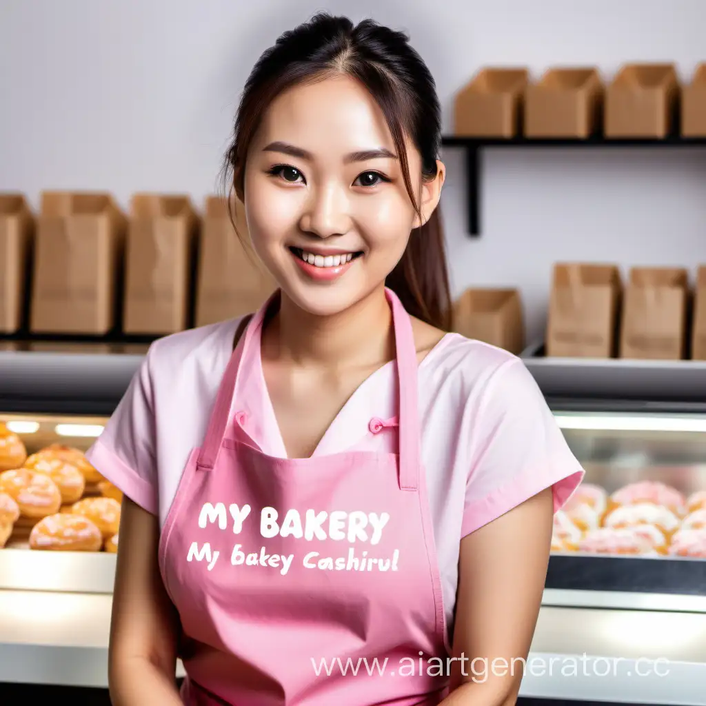 яркая улыбающаяся девушка азиатка  40 лет  кассир в розовом фартуке с надписью my bakery,  с большими красивыми корими глазами, волосы убранные в хвост