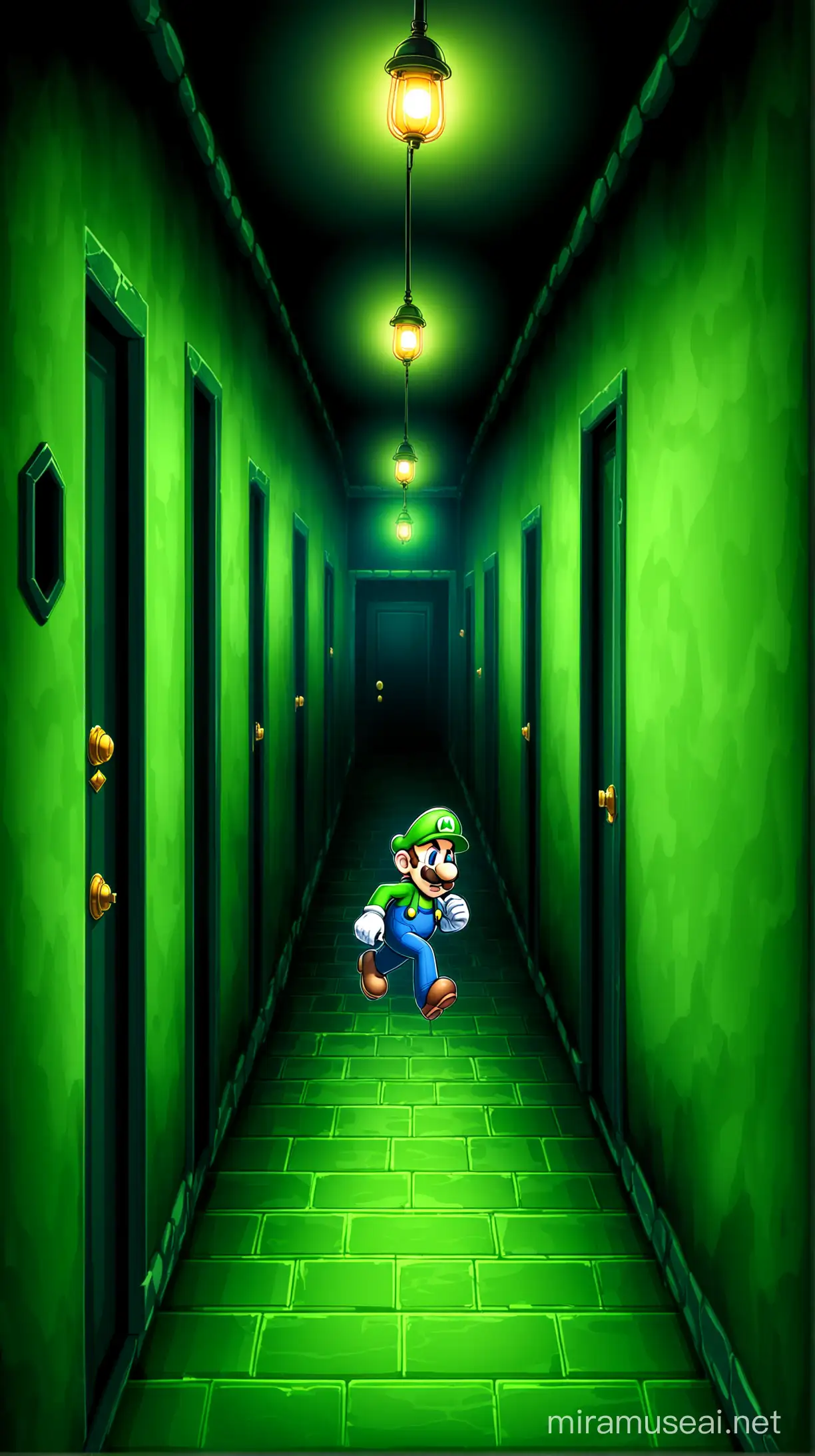 Luigi vector. Spooky mansion hallway background. 