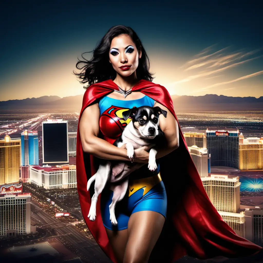Superhero Woman Carrying Dog in Las Vegas City