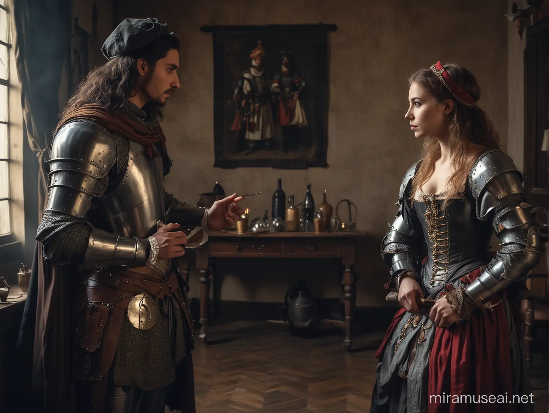 a conversation between a prostitute  and knight in the room. a knight is disguised as a merchant.

