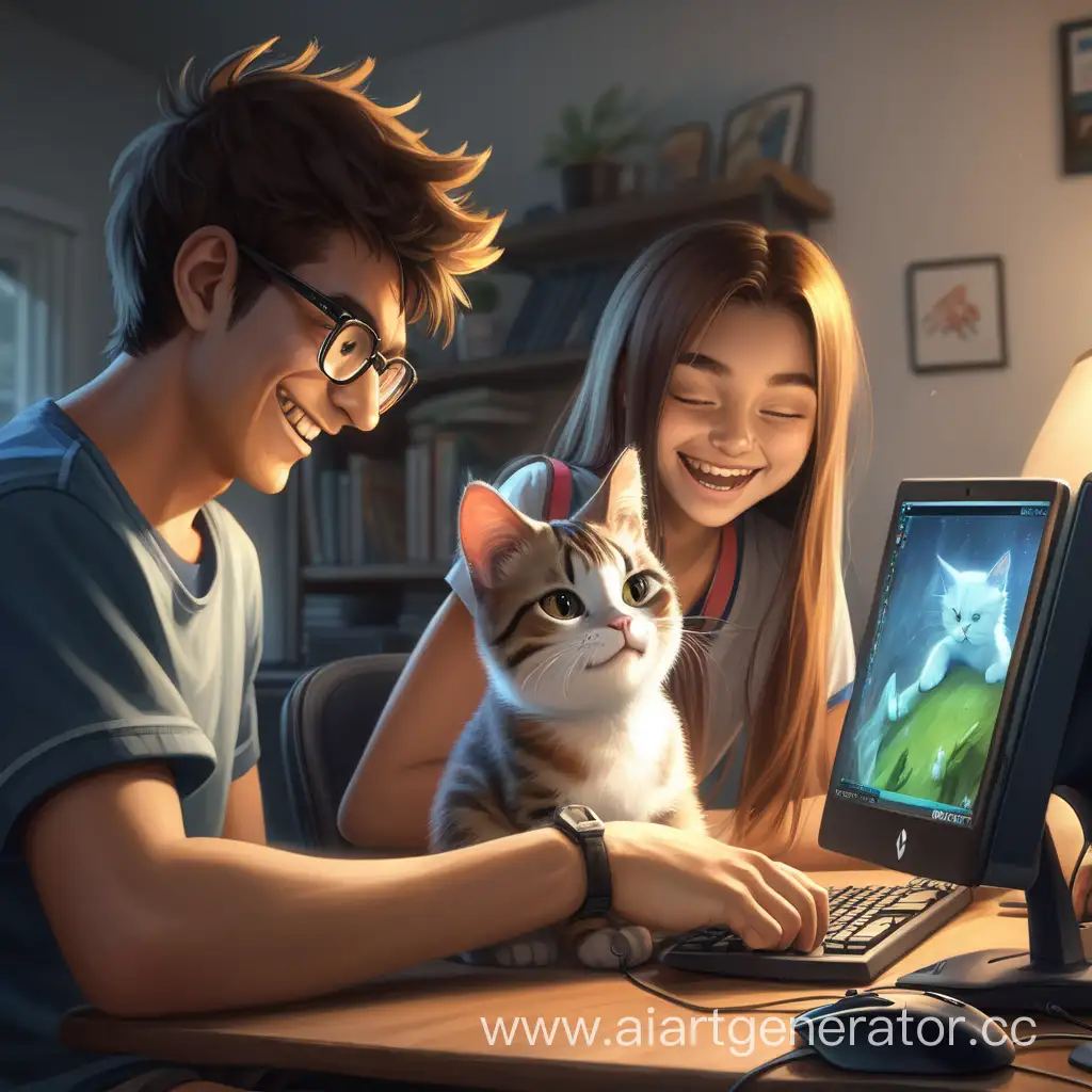 Молодой парень 24 года учит девушку, которой 22 года, играть в компьютерную игру DOTA 2 и смеется над ней, а под компьютерным столом спит кот